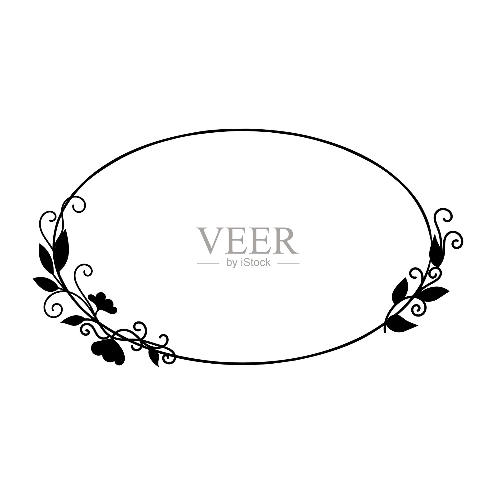 黑色花卉边框椭圆形框架,带有装饰花朵和叶子矢量图插画图片素材