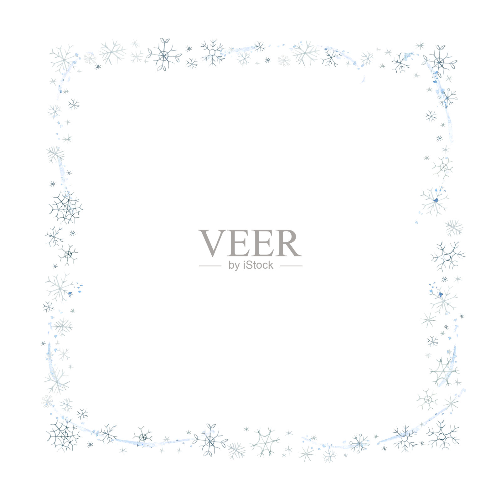 可爱的冬季雪花边框。飘落的雪花。水彩手绘插画,孤立在白色背景上。插画图片素材