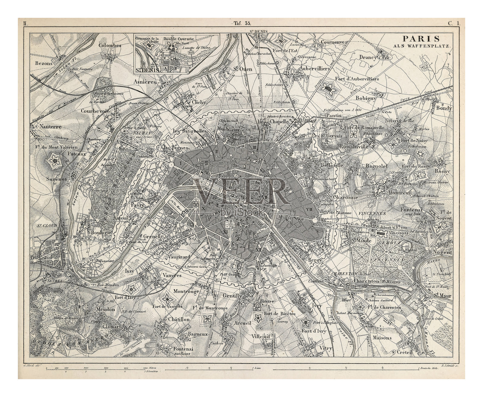 巴黎及其周边地区雕版古董插画,1851年出版插画图片素材