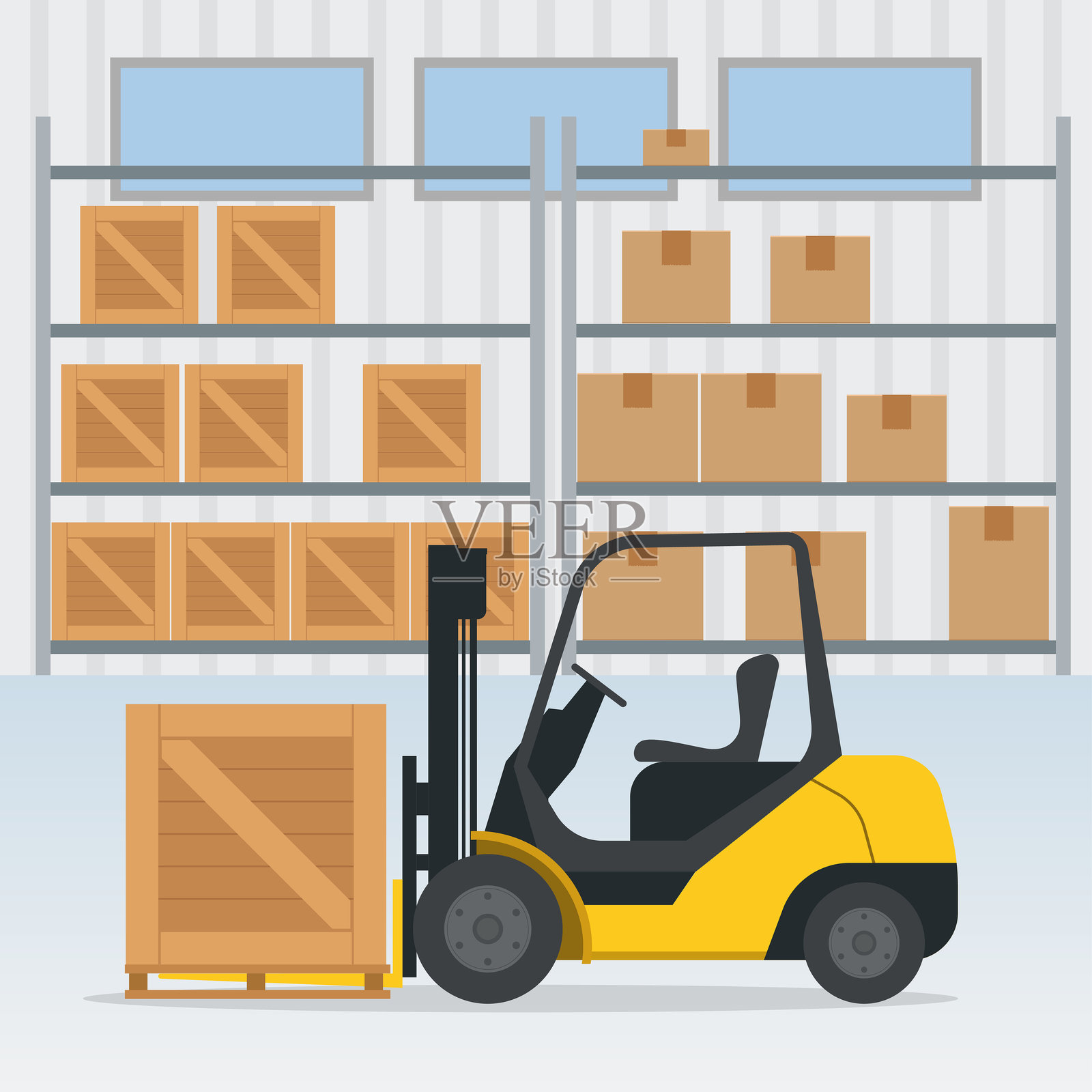 叉车正在仓库内部装载带有工业金属货架的箱子,用作库存背景插画图片素材