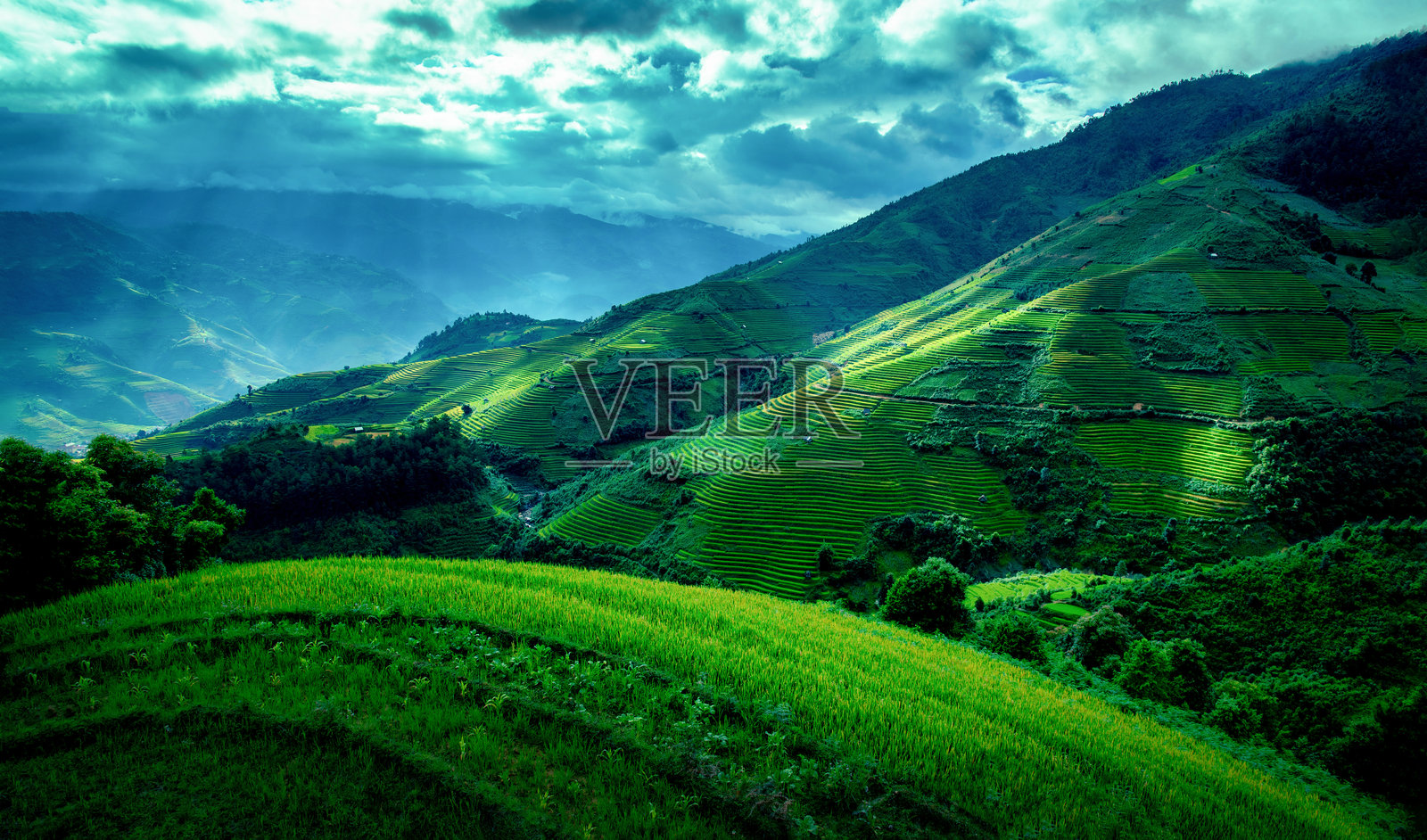越南安沛省木江界梯田稻田,背景为蓝天,建有木亭。照片摄影图片