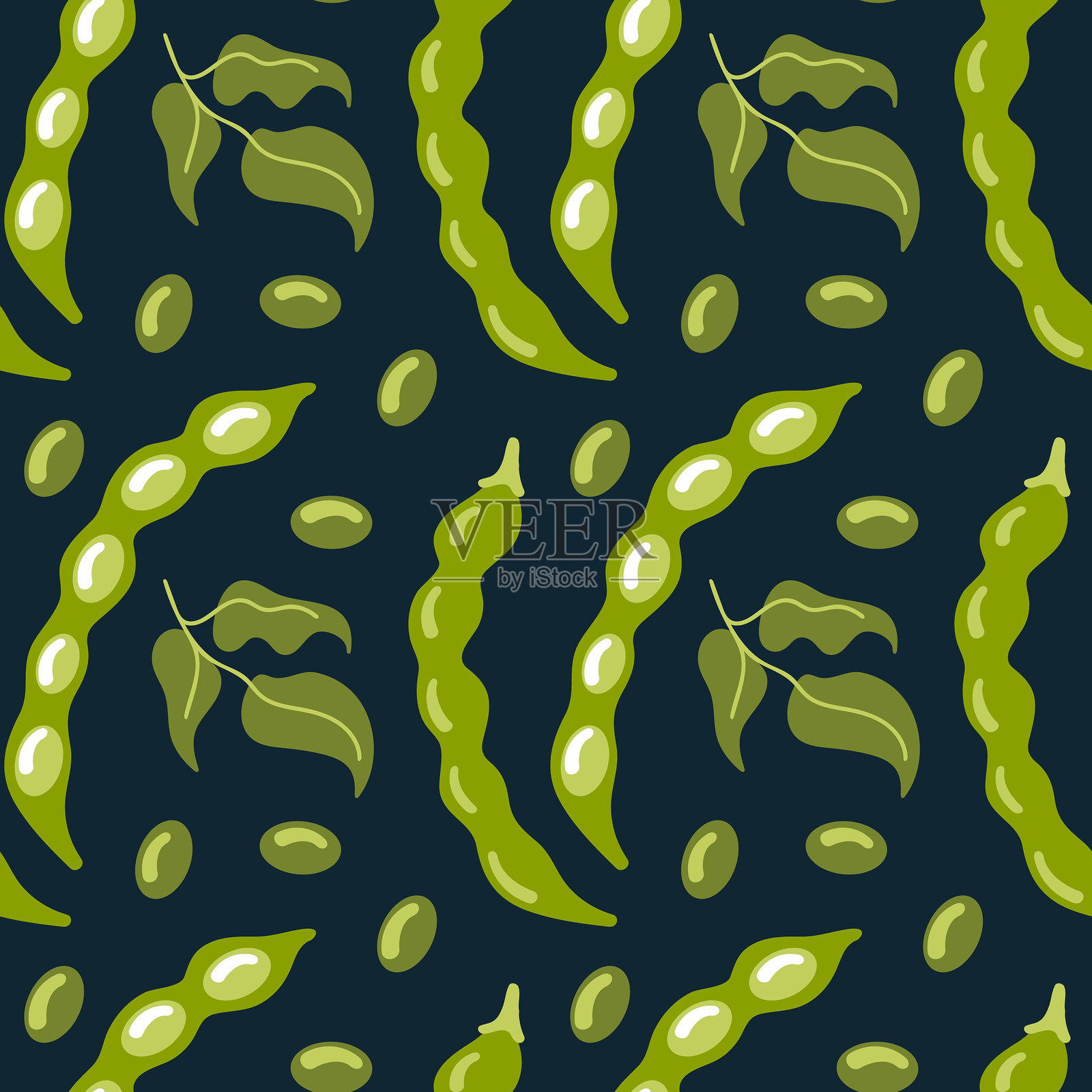 新鲜的青豆的无缝图案,形状光滑细长,色泽鲜亮,散发出花园般的清新气息。插画图片素材