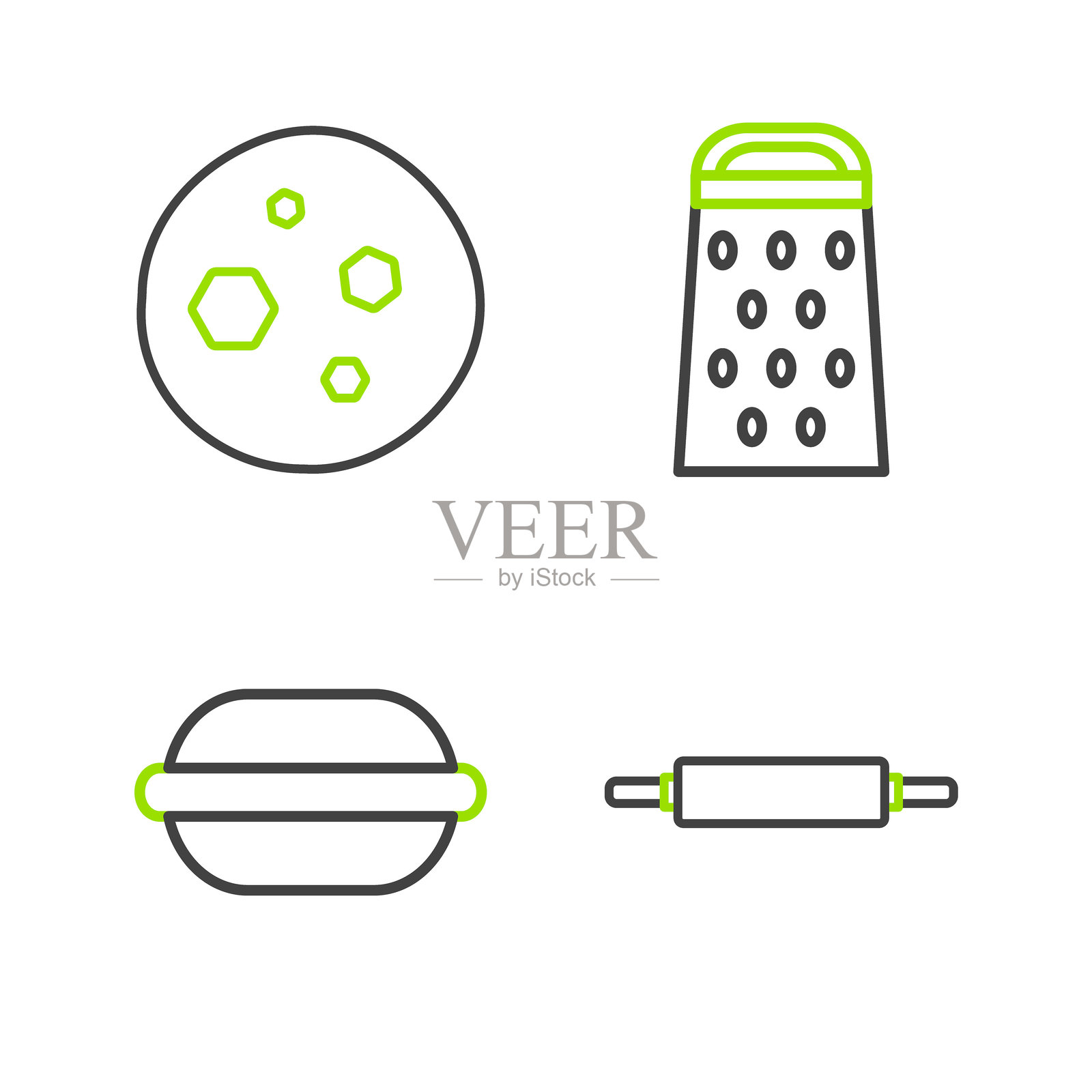 滚动销、马卡龙饼干、刨丝器和巧克力饼干的线条图标。矢量图插画图片素材