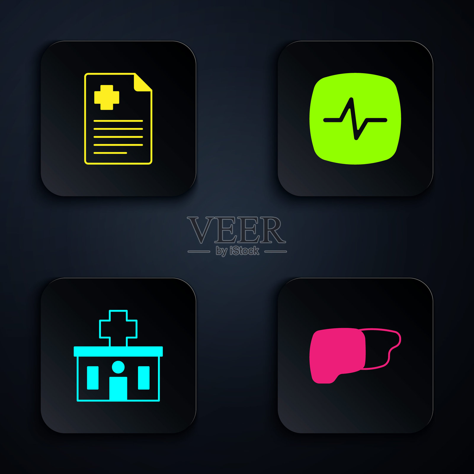 人类器官肝脏、病历、医院大楼和心率。黑色方块按钮。矢量图示例证件插画图片素材