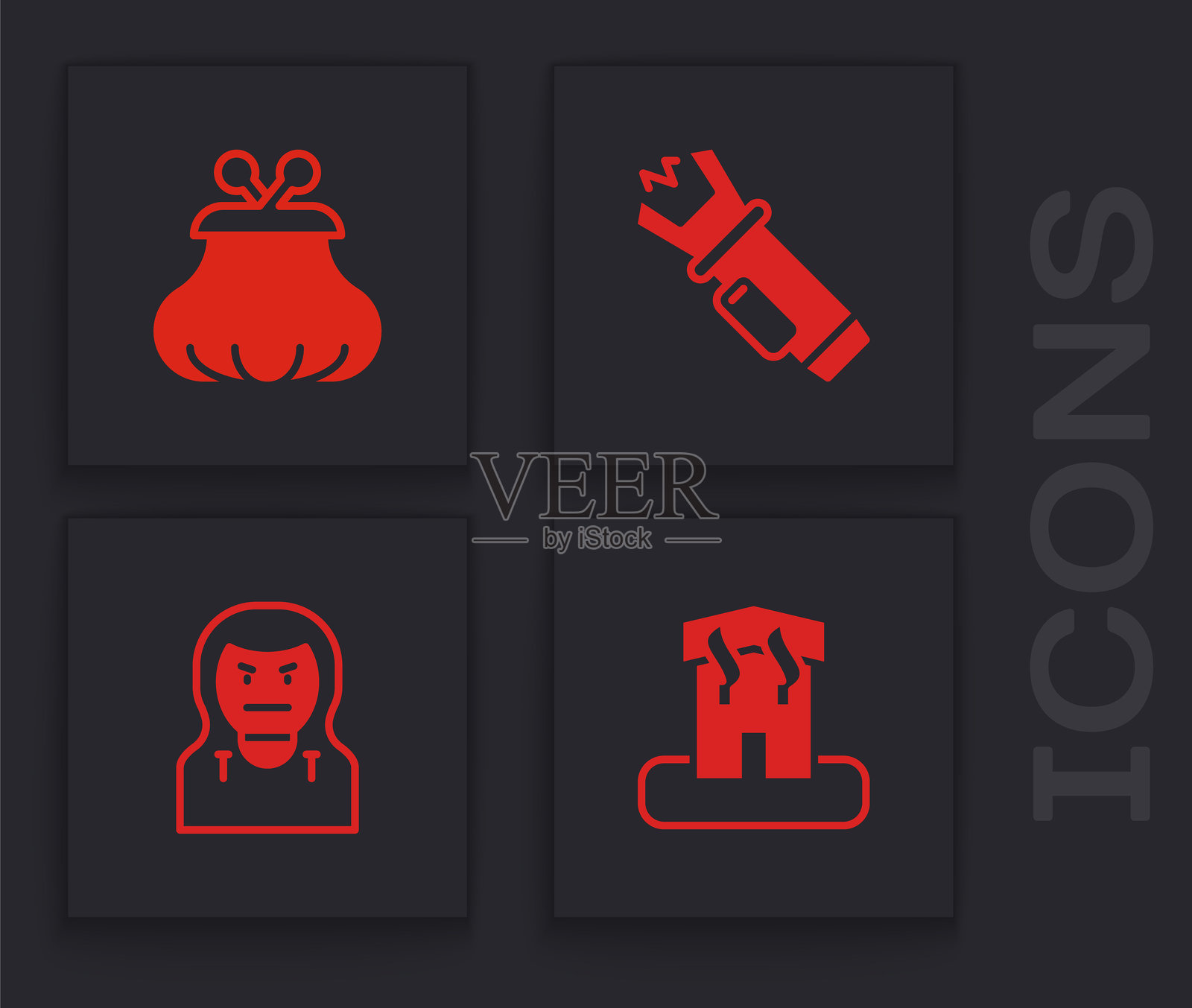 纵火犯家居、钱包、警用电击器和盗贼面具图标集。矢量图示矢量图示例文插画图片素材