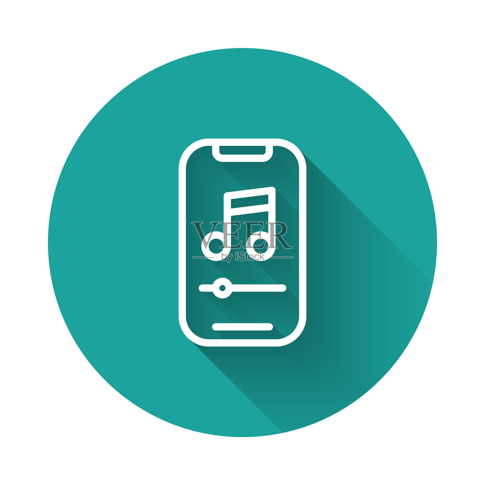 白色线条的音乐播放器图标,背景带有长阴影。便携式音乐设备。绿色圆形按钮。矢量图插画图片素材