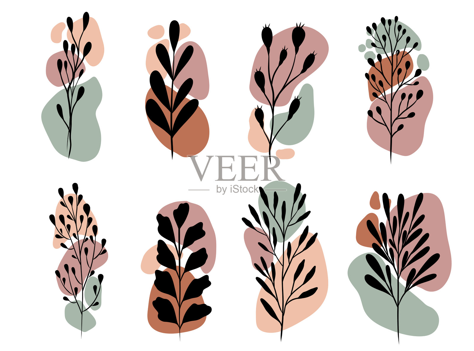 抽象植物枝条与几何多彩形状的矢量集。现代装饰插画。时尚简约平面构成。插画图片素材