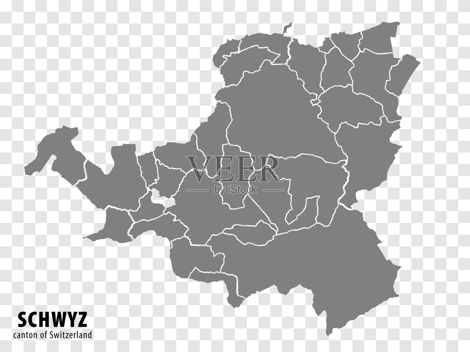 瑞士施维茨州地图,背景透明,包含其下属市镇,灰色填充,适用于设计。EPS10。插画图片素材
