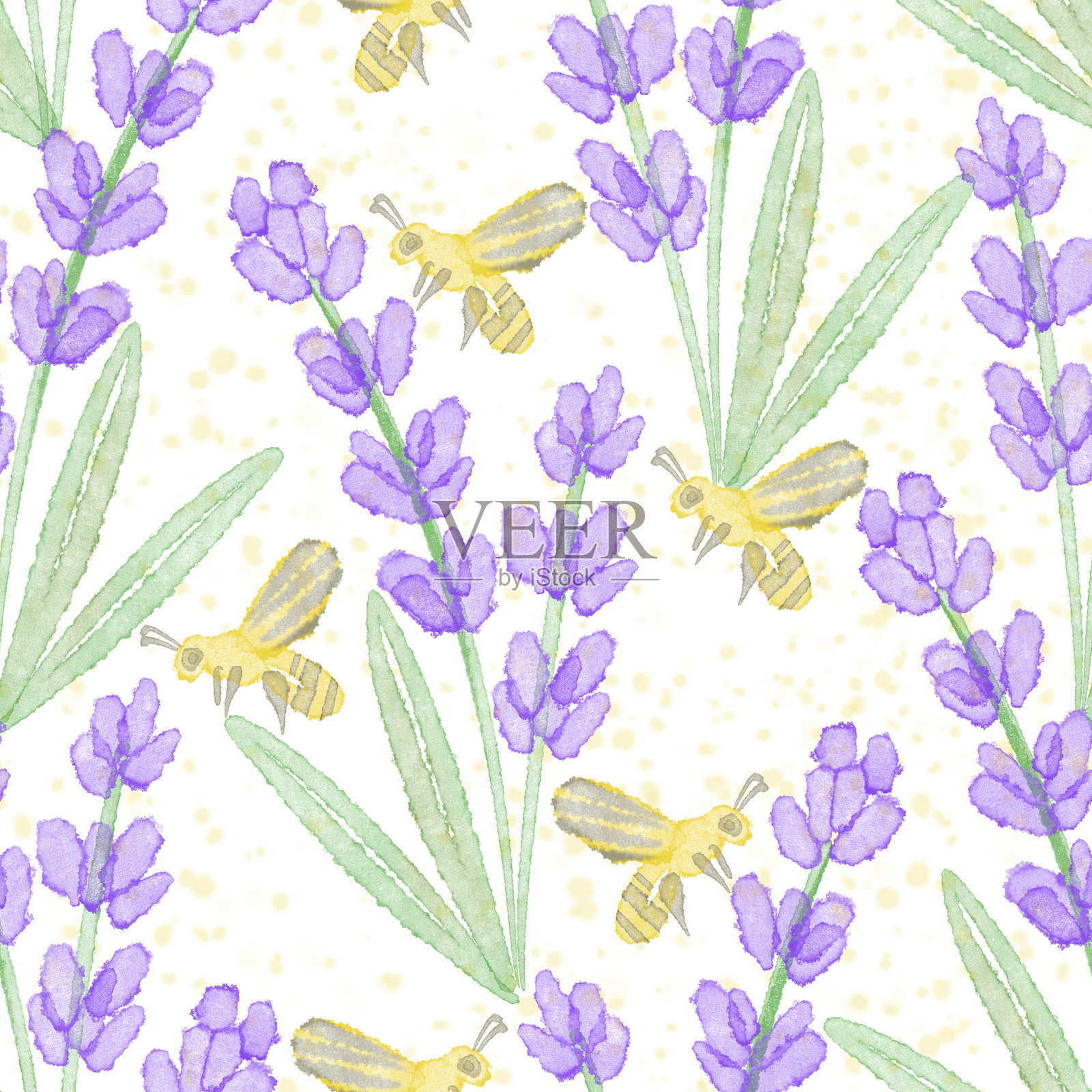水彩薰衣草花朵和采蜜蜜蜂的无缝图案插画图片素材