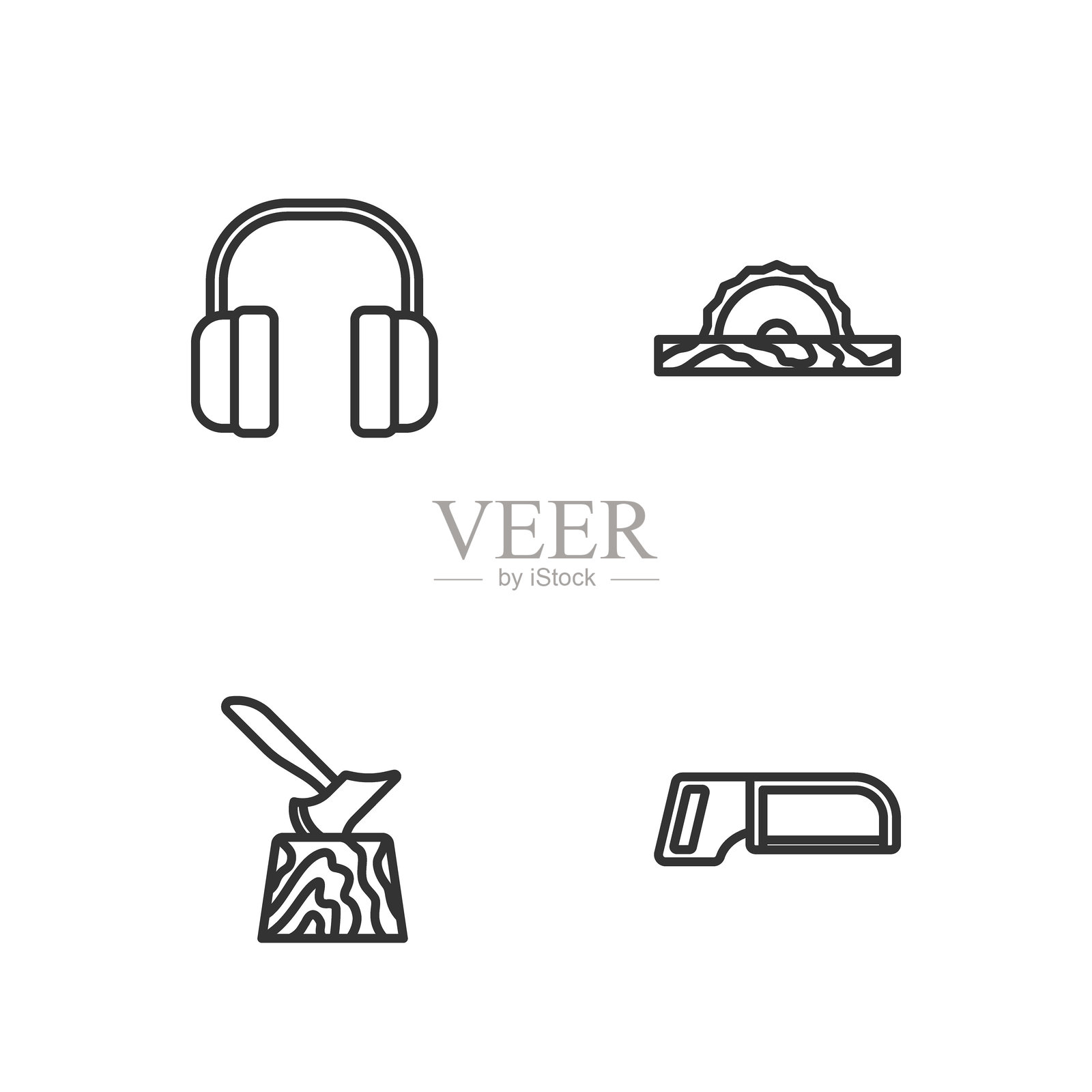 手锯、木斧、耳机和圆形电动图标的矢量图插画图片素材