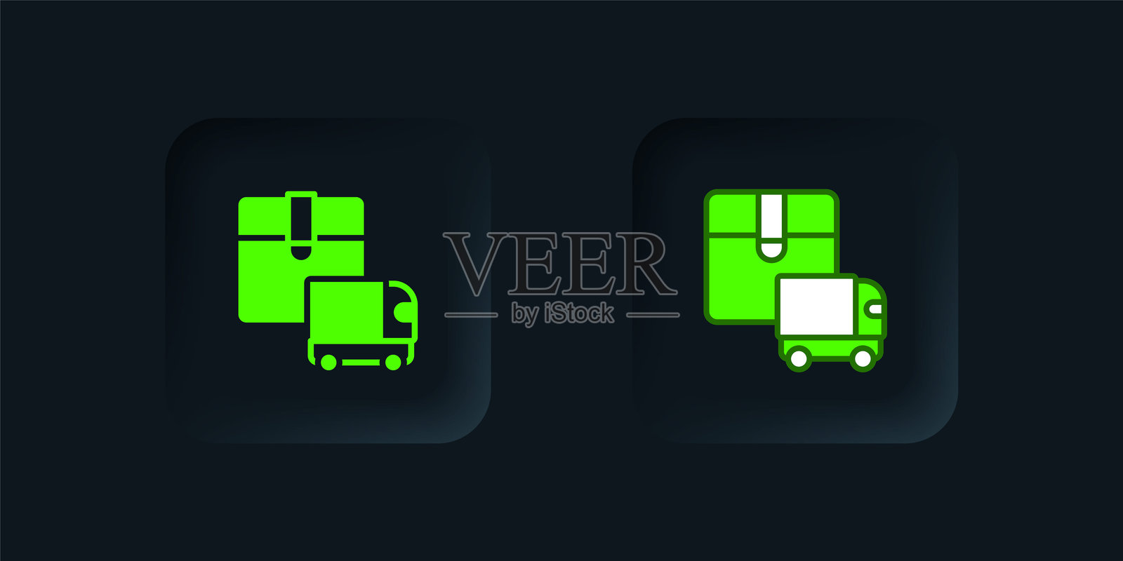 绿色配送货车车辆图标,孤立在黑色背景上。黑色方形按钮。矢量图示插画图片素材