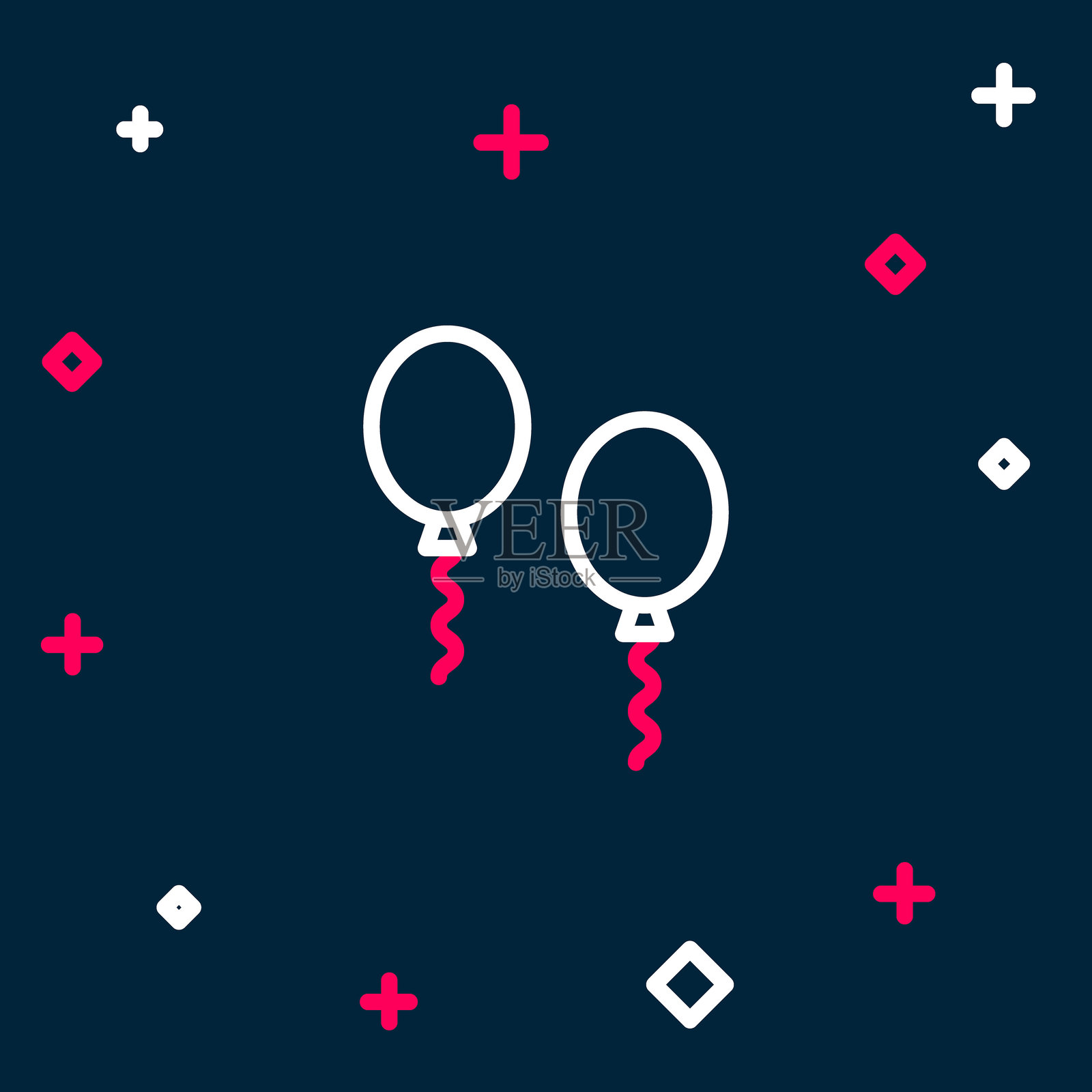 彩色线条气球和丝带图标,孤立在蓝色背景上。多彩轮廓概念。矢量图示插画图片素材