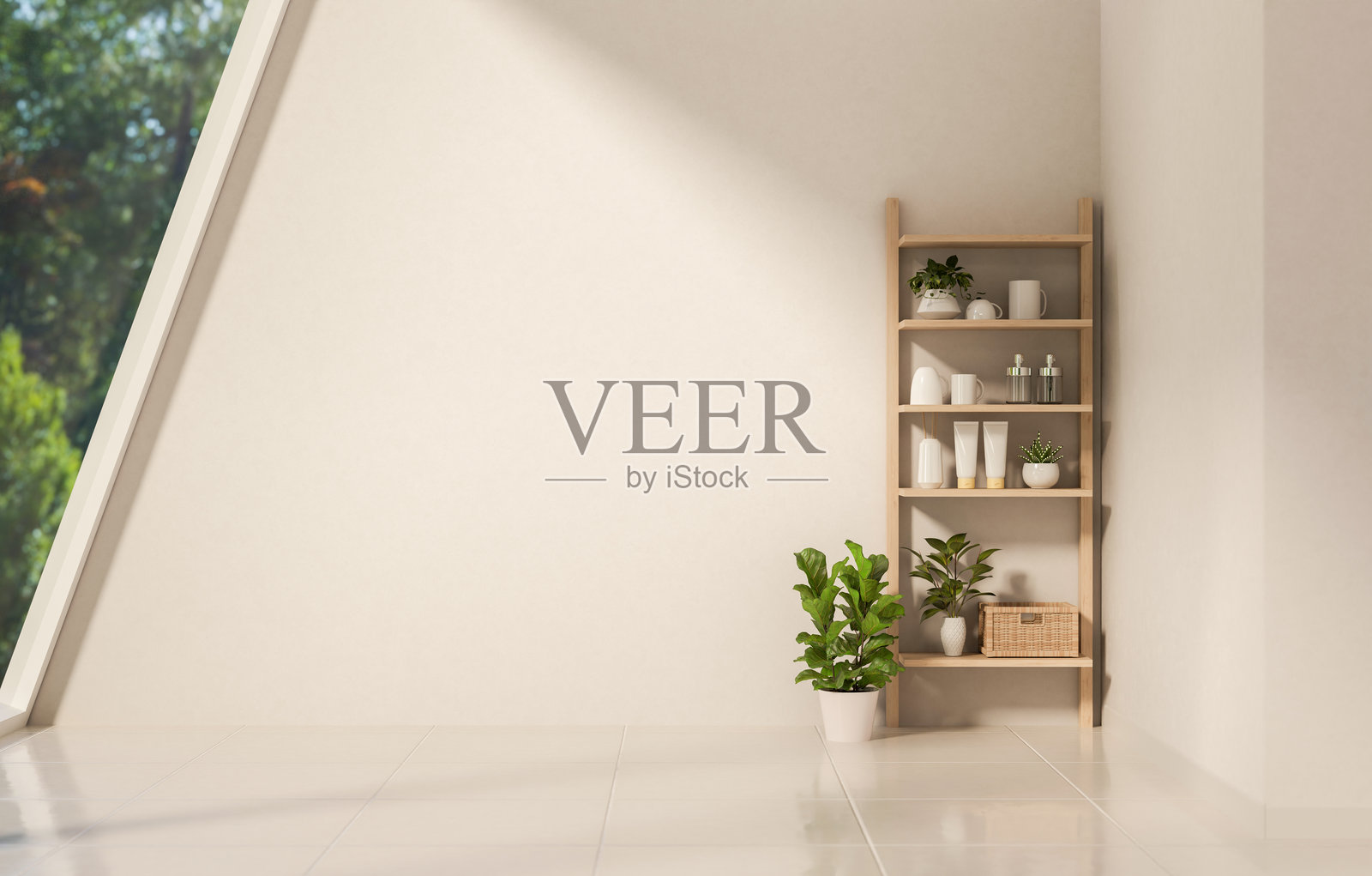 房间里,瓷砖地板上,阳光透过倾斜的玻璃窗,照在盆栽植物和木制展示架上。照片摄影图片