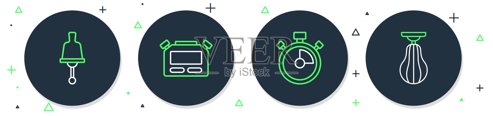 秒表,响铃和拳击沙袋图标的线条集合。矢量图插画图片素材
