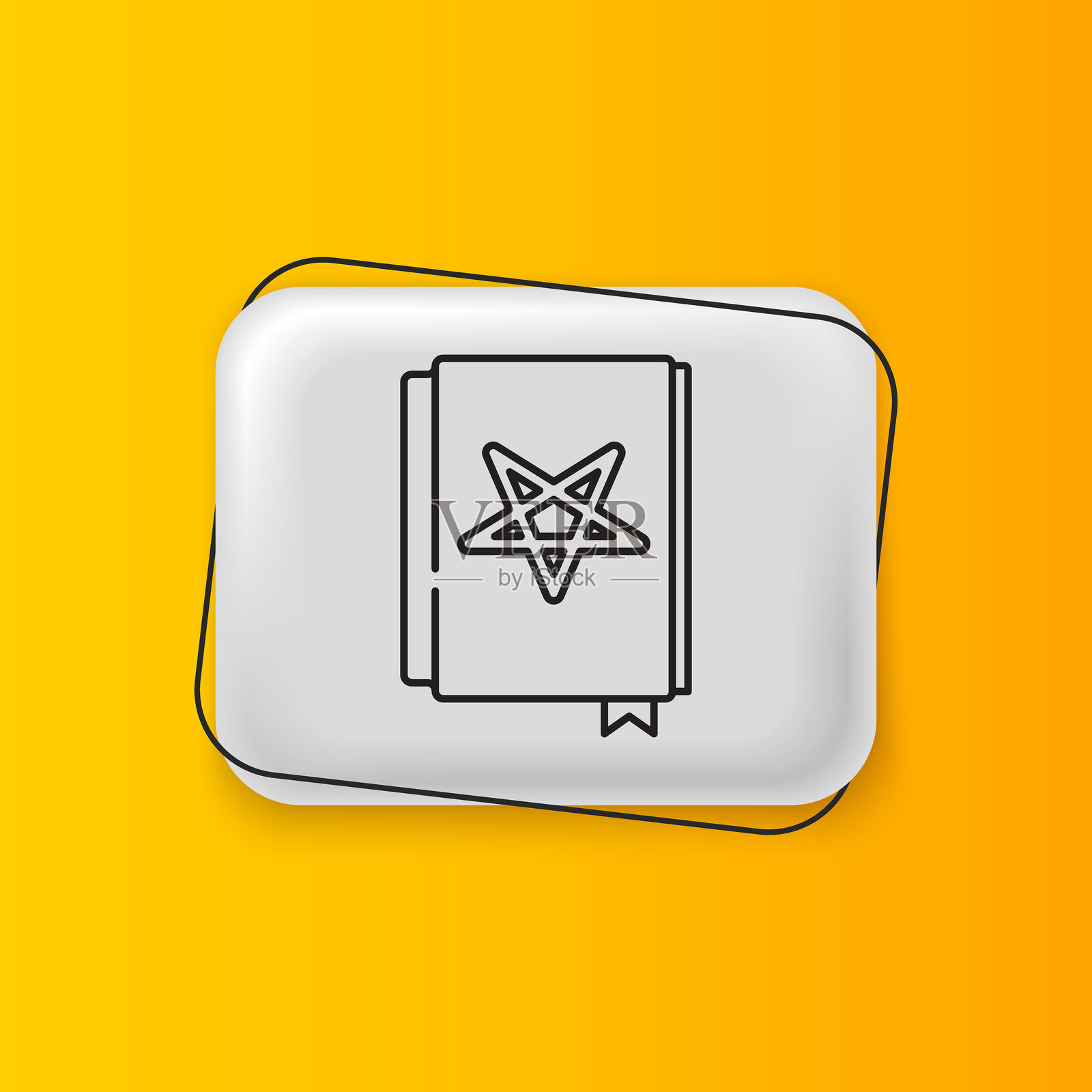 黑色古老魔法书,带有炼金术配方、神秘咒语和附魔图标,孤立在黄色背景上。银色矩形按钮。矢量图插画图片素材