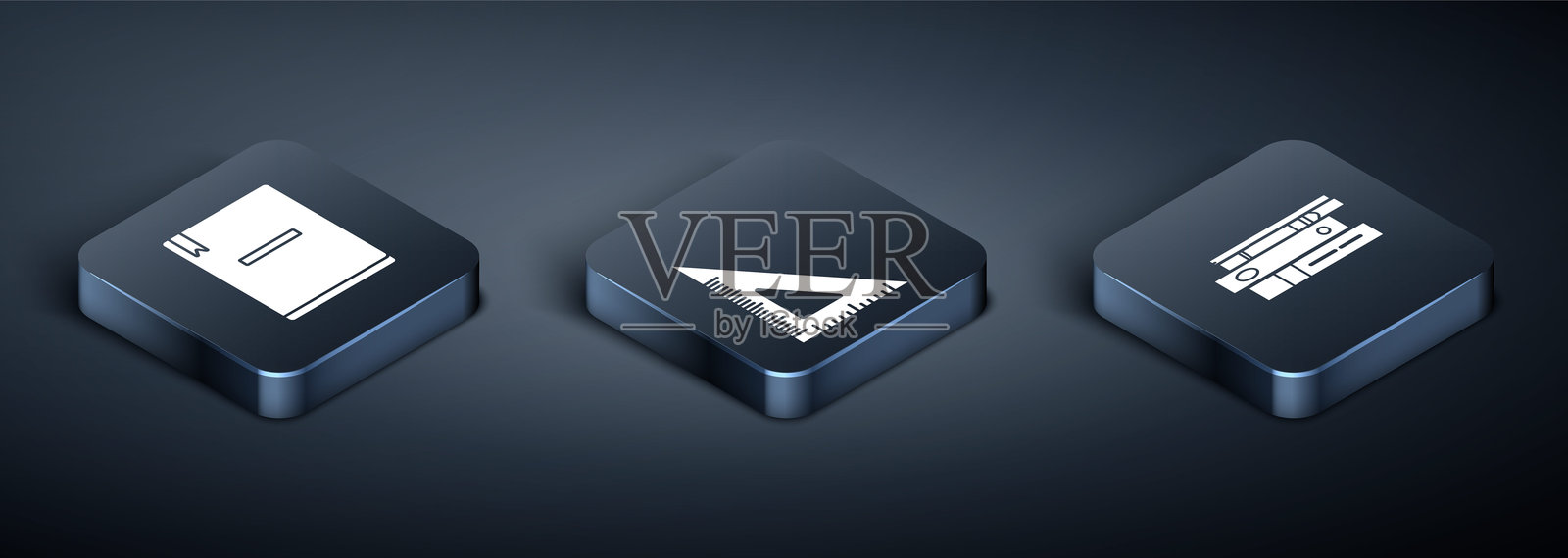 等距笔记本、带纸张和文件的办公文件夹以及三角尺图标。矢量图插画图片素材