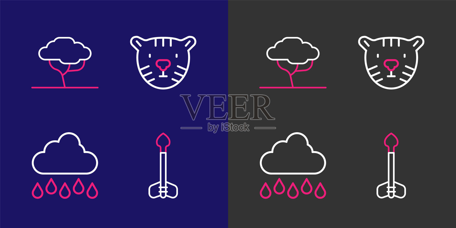 矢量图:直线箭头、下雨的云、老虎头和非洲树图标插画图片素材