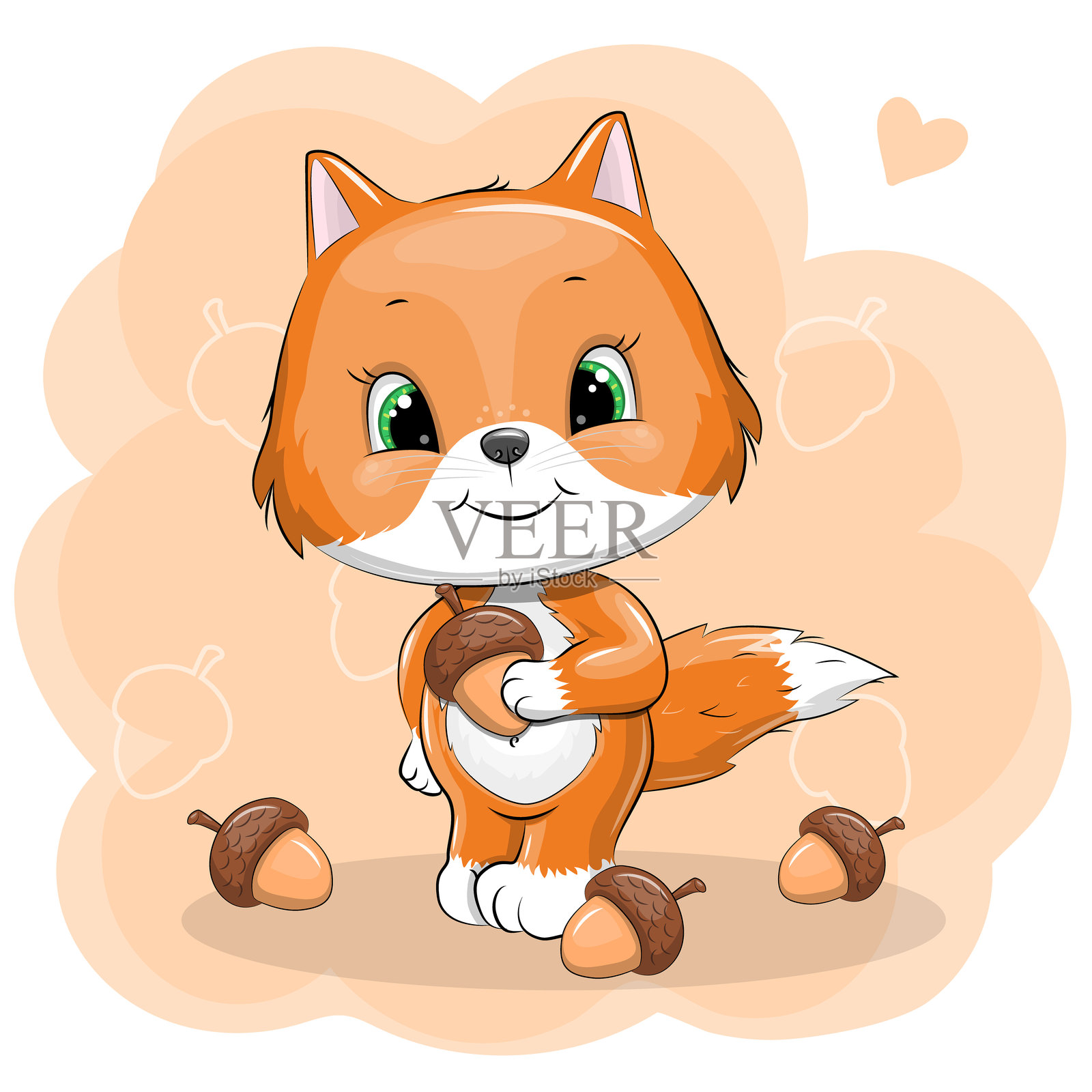 可爱的卡通狐狸和橡子。插画图片素材