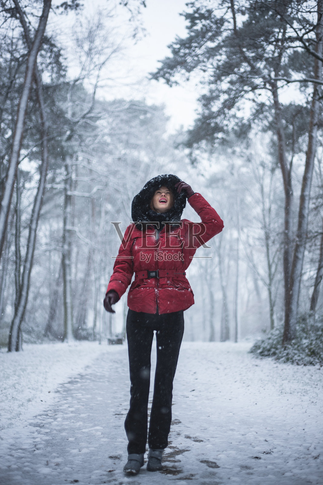 时尚模特在雪景中享受冬日风光照片摄影图片