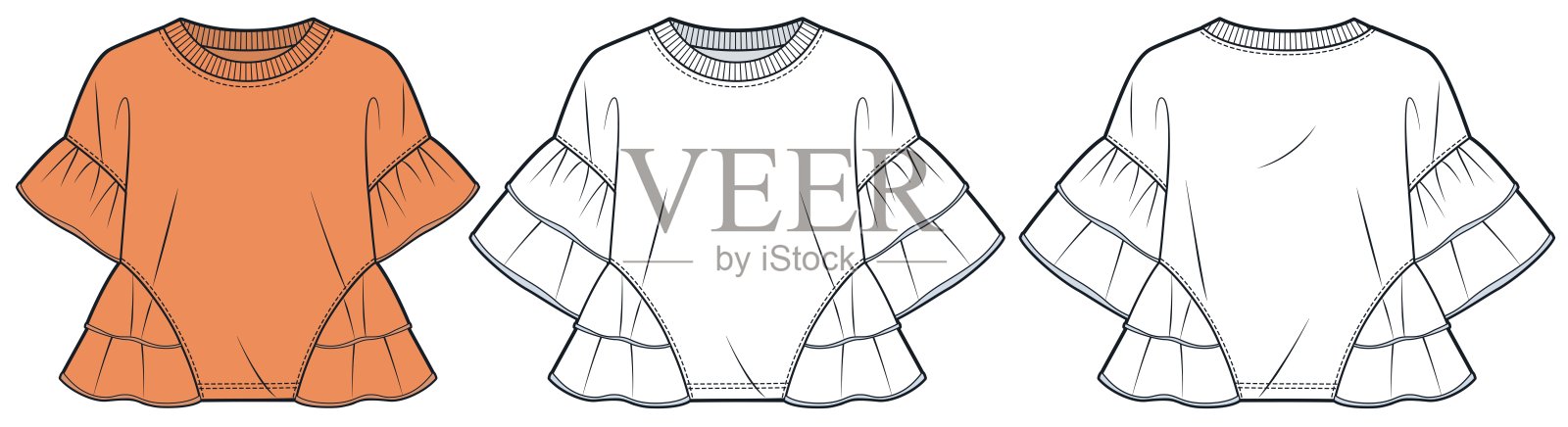 荷叶边针织衫时尚平面草图。毛边短款T恤时尚平面技术图纸模板,廓形宽松,含正面和背面视图,白色,橙色,女士CAD模型套装。插画图片素材