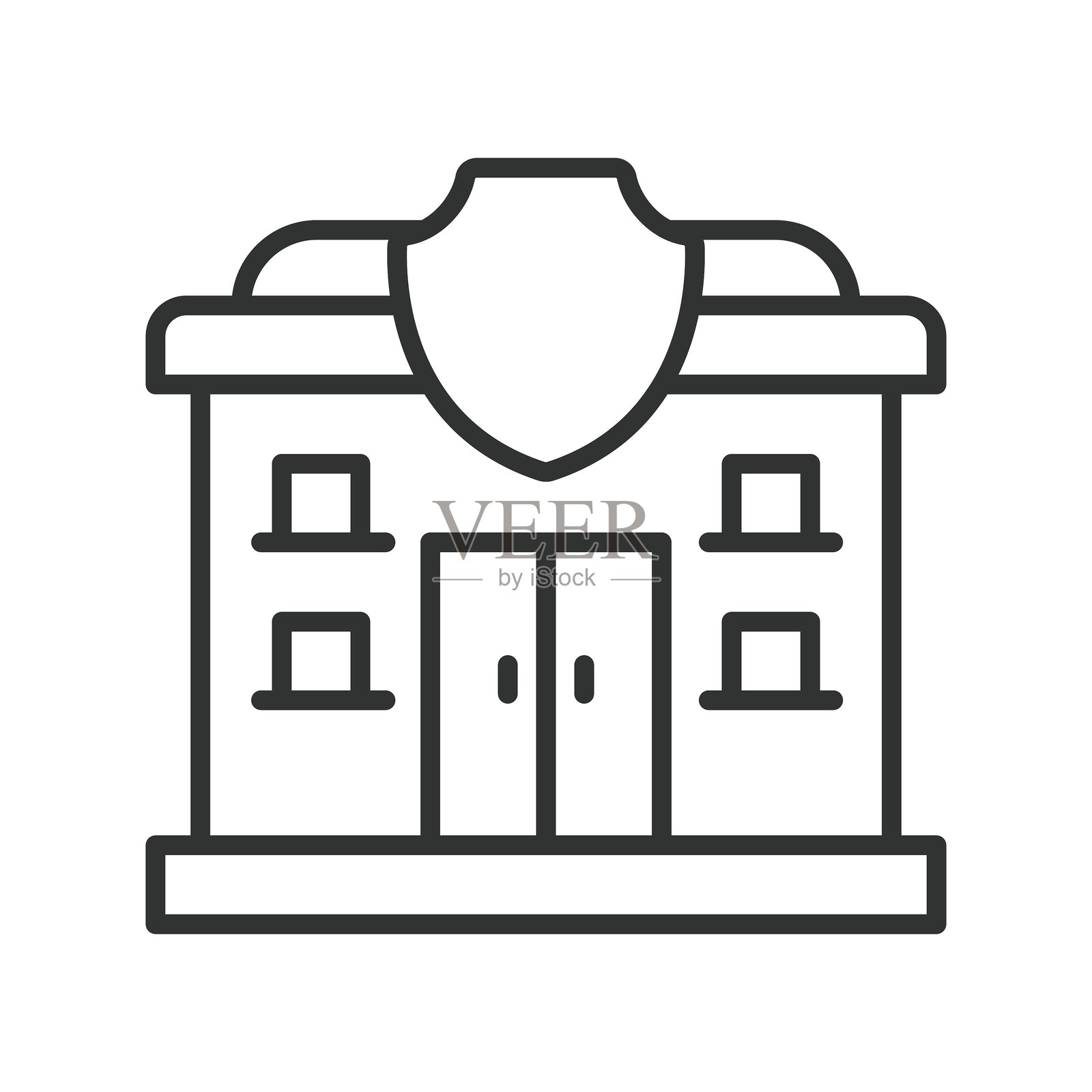 警局图标线条设计。警察局、执法、巡逻、保护服务、公共安全、权威徽章、安保单位、白色背景上的警徽矢量图。警徽可编辑描边图标 - AI生成插画图片素材