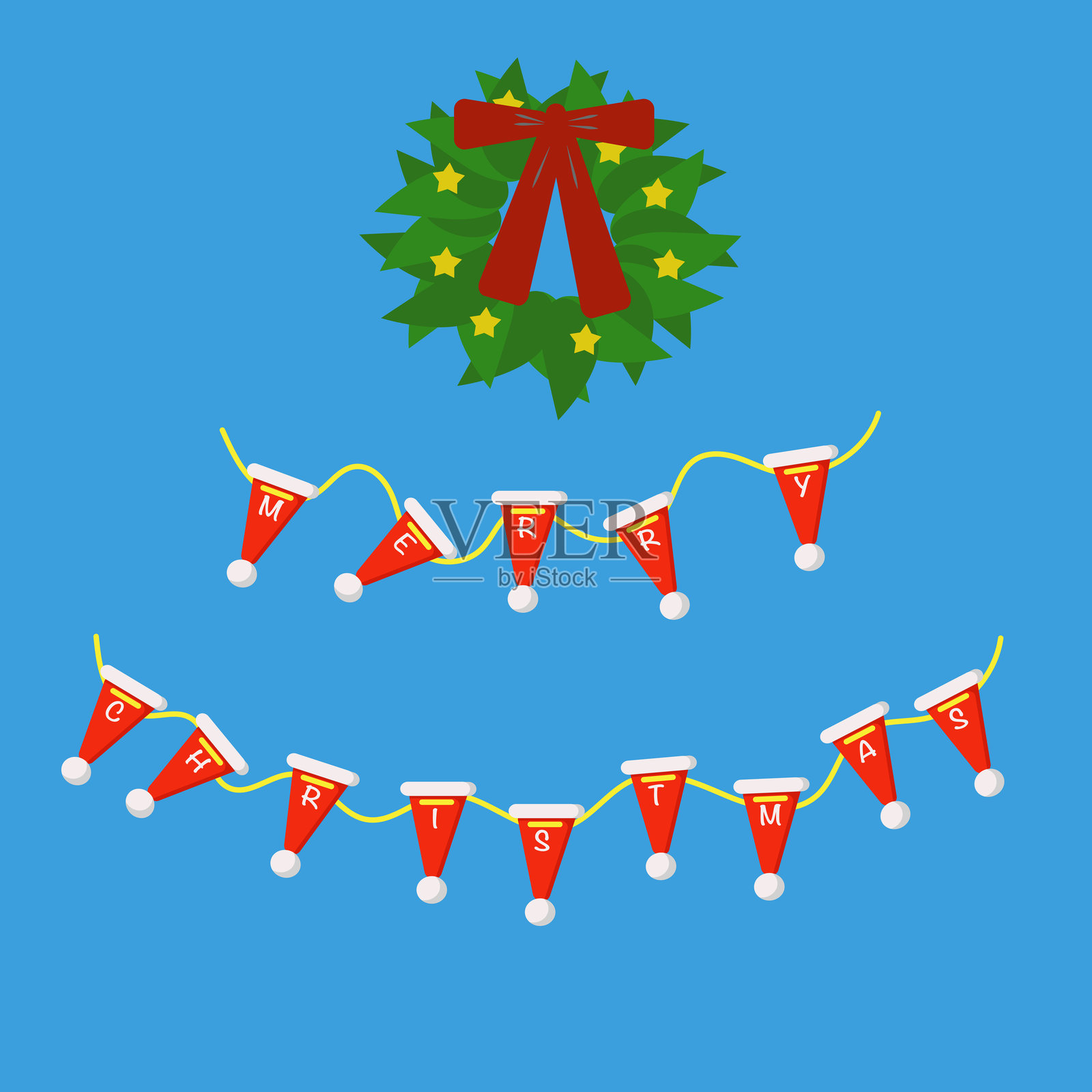 色彩缤纷的圣诞装饰,包含节日花环和带有圣诞帽字母的横幅插画图片素材