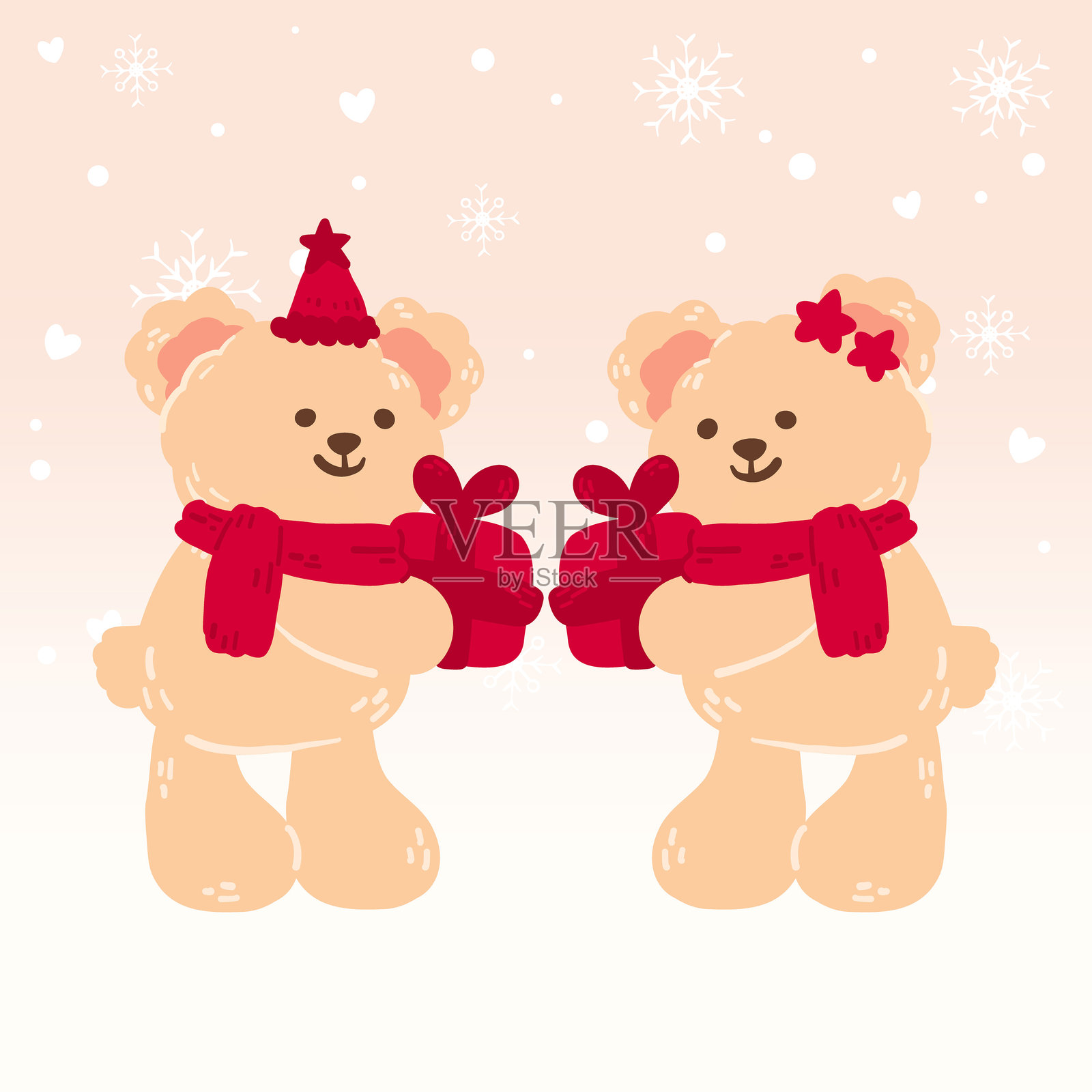 Cute Couple Teddy Bears and Christmas Gifts in Winter Greeting Card Template插画图片素材