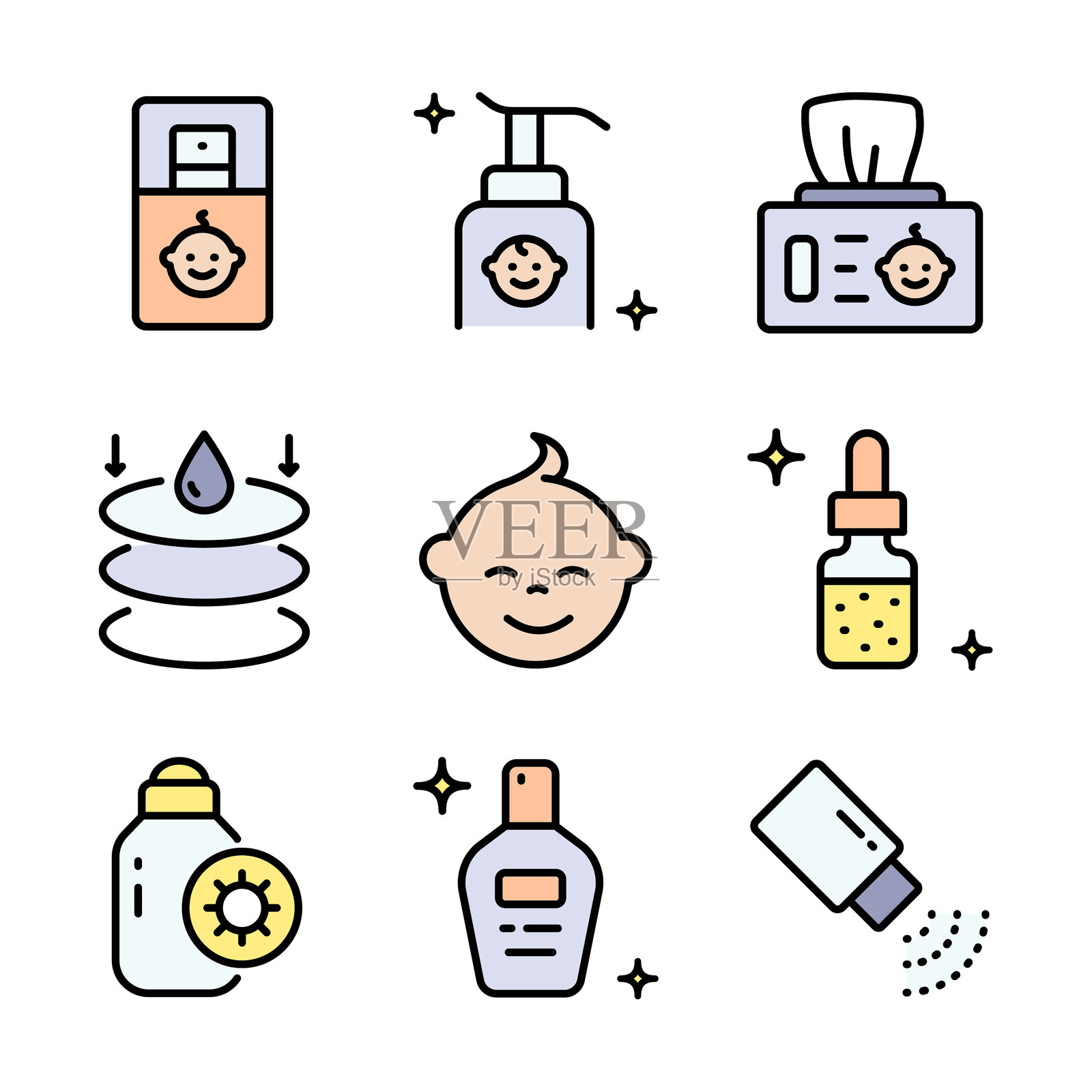 婴儿化妆品图标集。用于护肤、保湿和清洁的化妆品瓶和美容产品。矢量符号,孤立在白色背景上插画图片素材