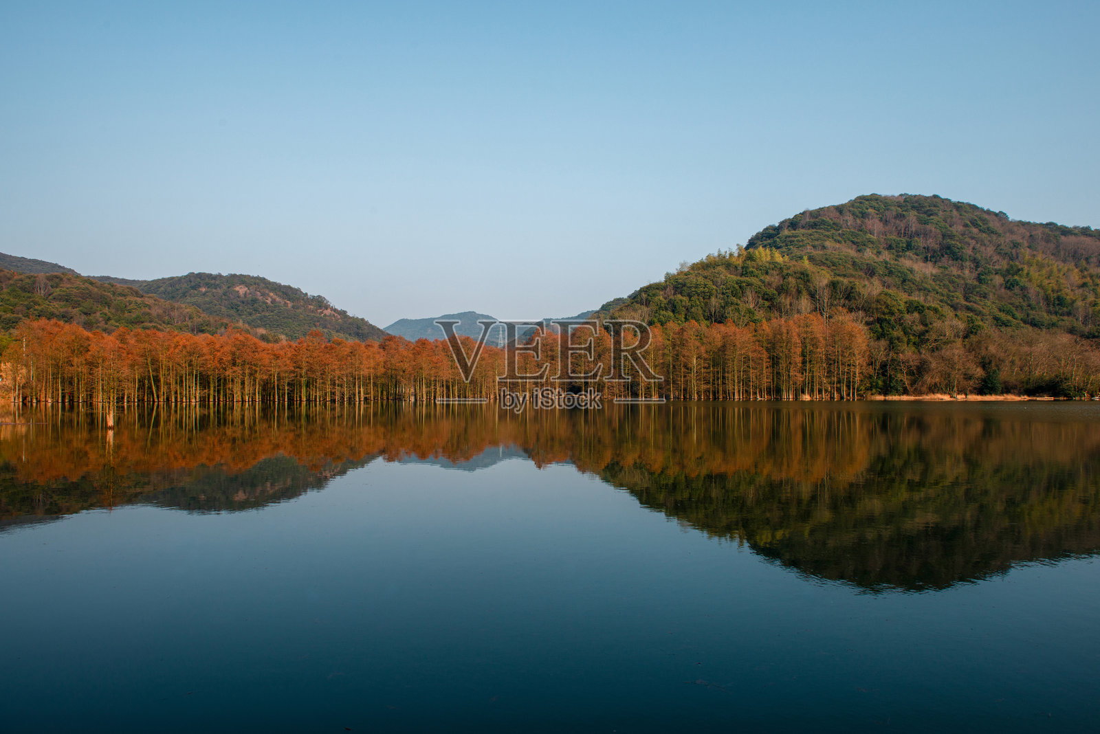 平静湖面倒映着被群山环绕的美丽秋季树木照片摄影图片