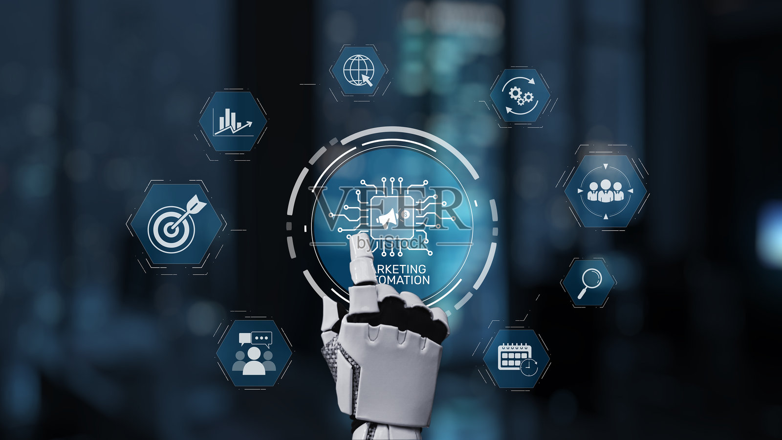 未来机器人手在专业商务环境中与数字营销自动化界面互动,连接神经元照片摄影图片