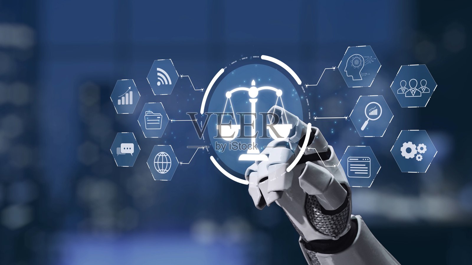 机器人之手在现代科技环境中与代表正义和法律概念的数字符号互动,突触照片摄影图片