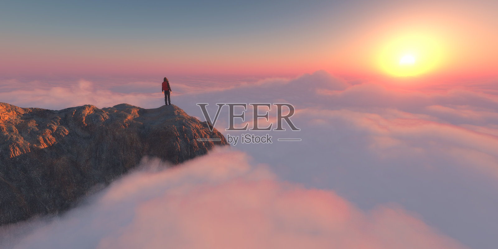 旭日东升,徒步者站在云端之上的岩石山峰照片摄影图片