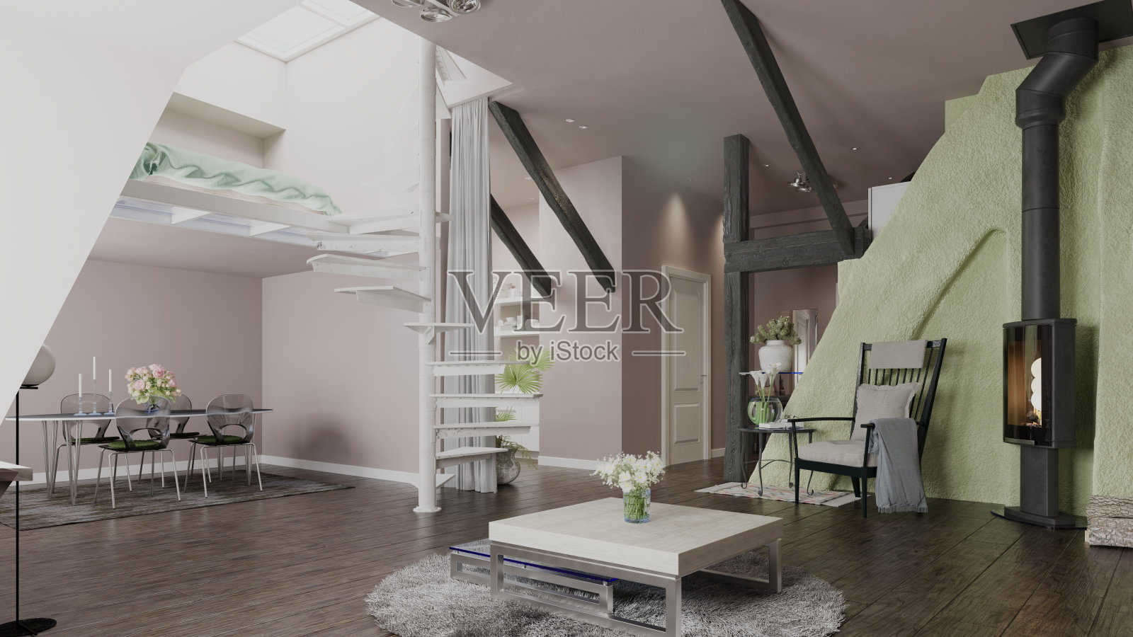 现代阁楼公寓内部的3D渲染图。开放式起居空间,配有螺旋楼梯和壁炉。照片摄影图片