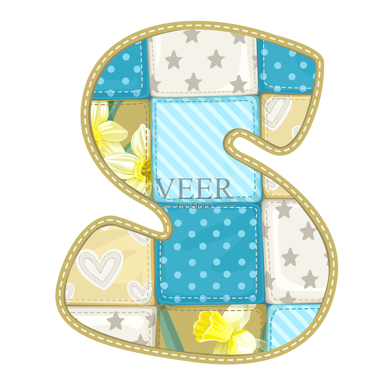 圆形的字体,由彩色碎布缝制的毯子制成插画图片素材