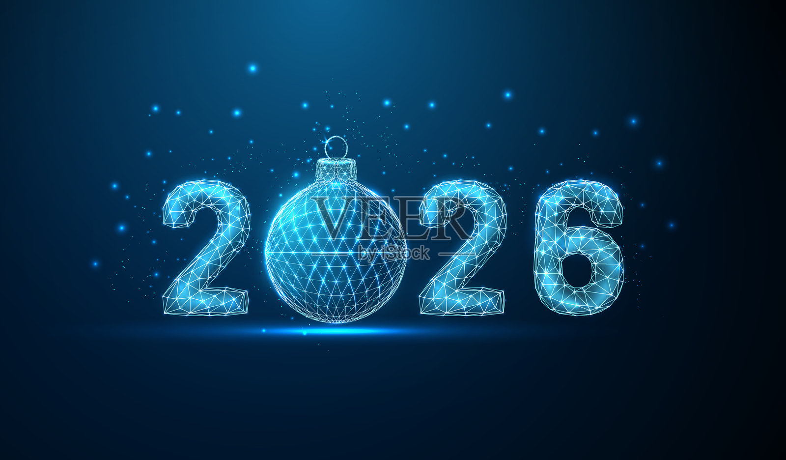 2026新年贺卡,用蓝色圣诞球代替数字零,节日庆典、圣诞假期、欢乐季节、冬季装饰概念插画图片素材