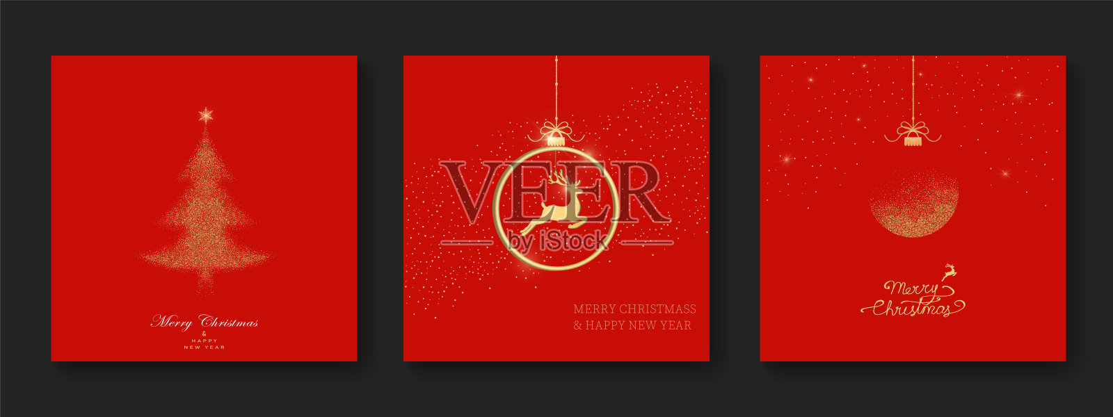 圣诞贺卡套装,包含圣诞球、鹿和圣诞树,背景为红色。节日图案。矢量插画插画图片素材
