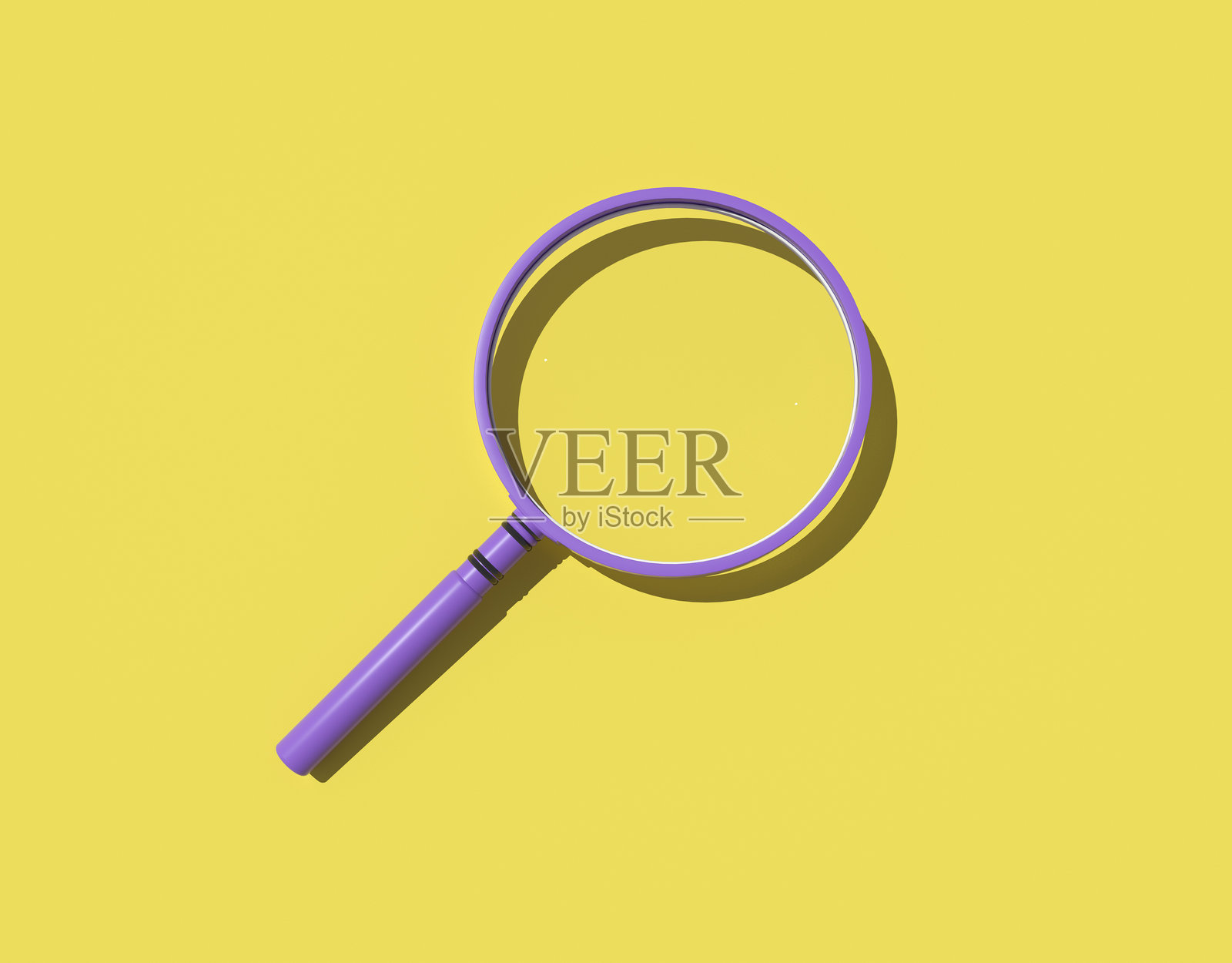 黄色背景上明亮的紫色放大镜,象征搜索和探索照片摄影图片