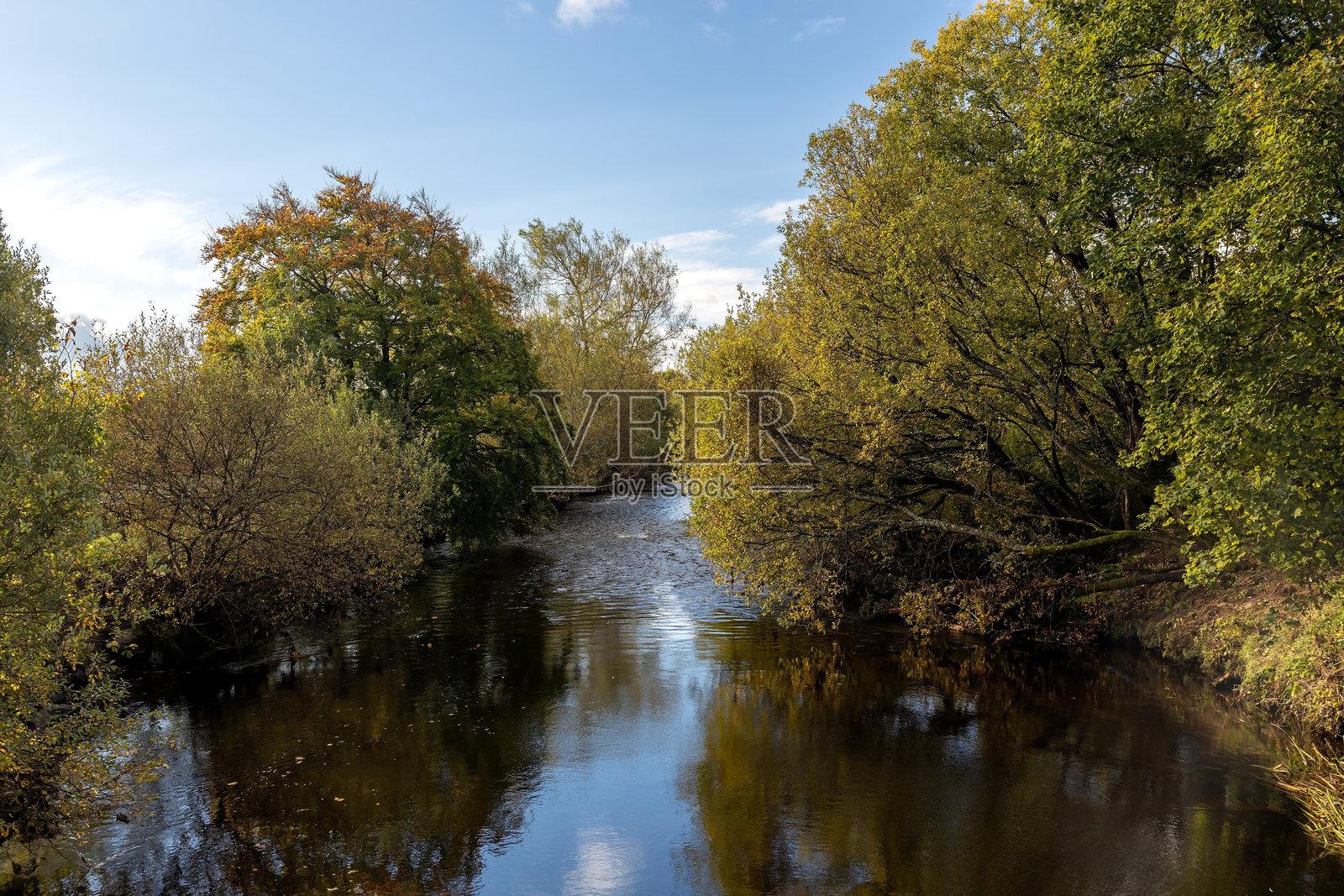 秋日清晨,苏格兰中部布里奇的艾伦河风光照片摄影图片