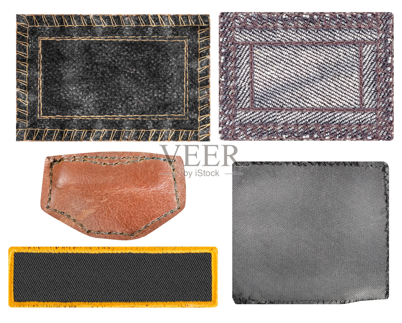 白色背景上孤立的各种彩色牛仔布贴片照片。照片摄影图片