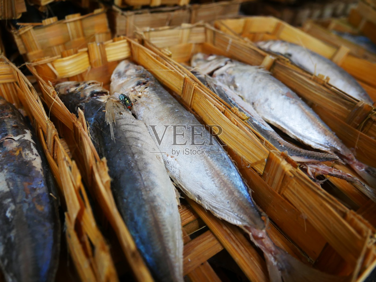 新鲜的鱼放在传统的竹盘里照片摄影图片
