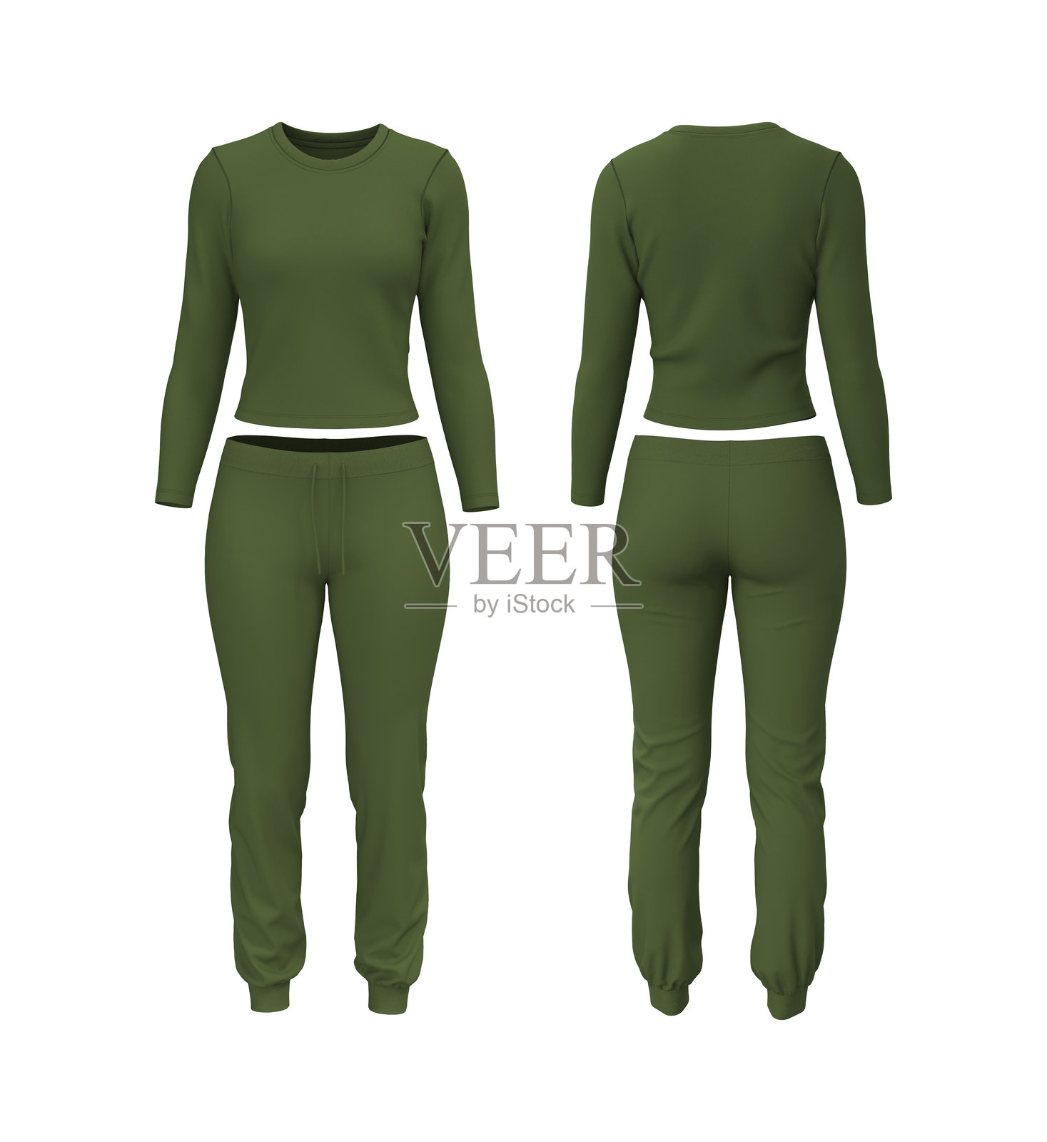 女性长袖训练上衣和慢跑运动裤套装的写实3D模型。正面和背面视图运动服装模板照片摄影图片