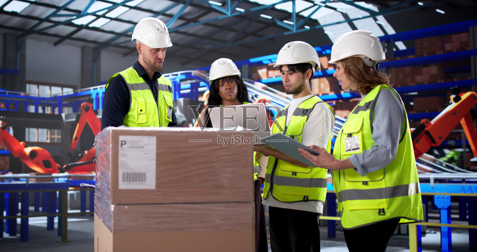 多元化的物流团队使用平板电脑追踪货物照片摄影图片