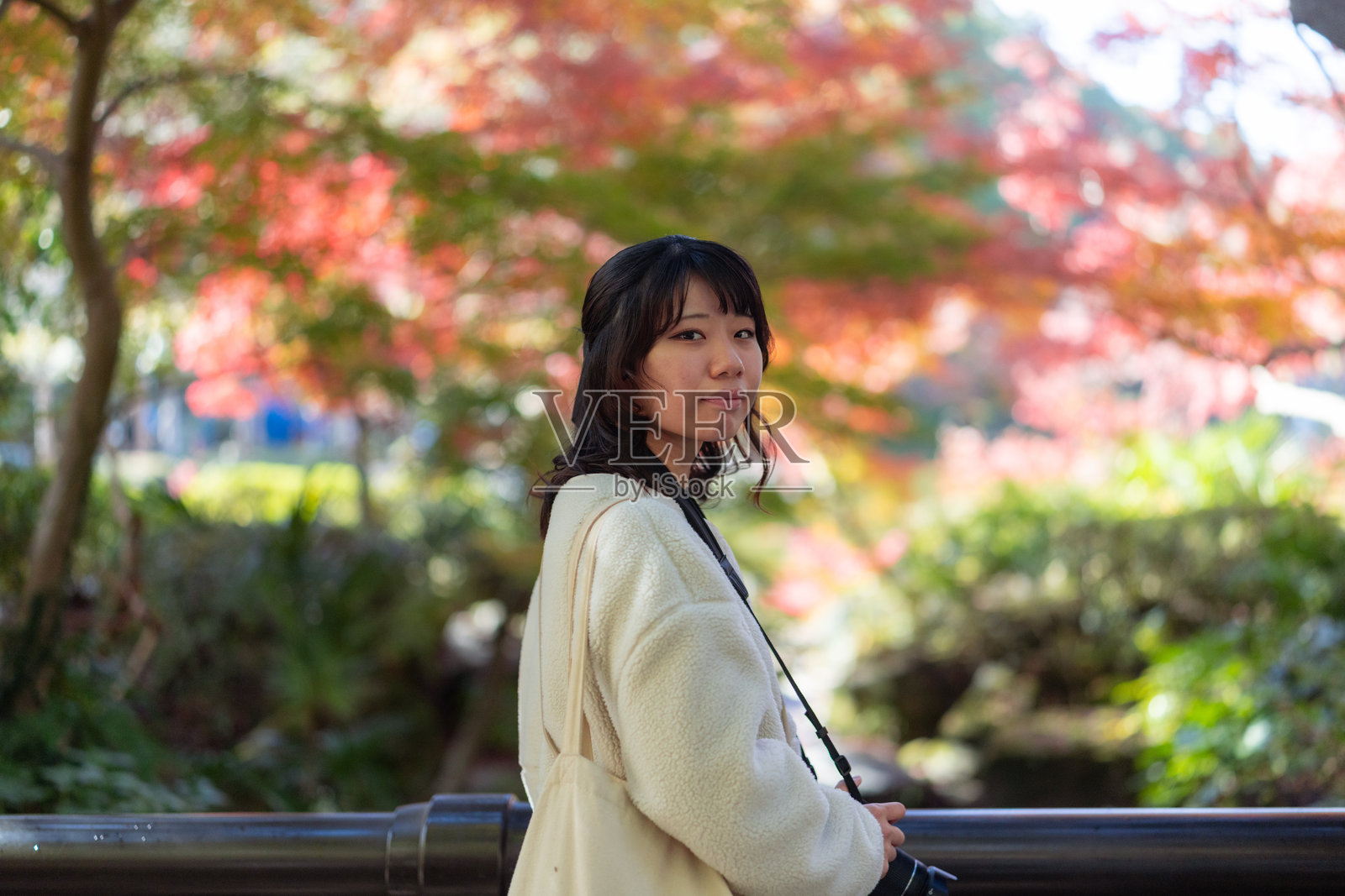 年轻女游客在秋叶中回眸照片摄影图片