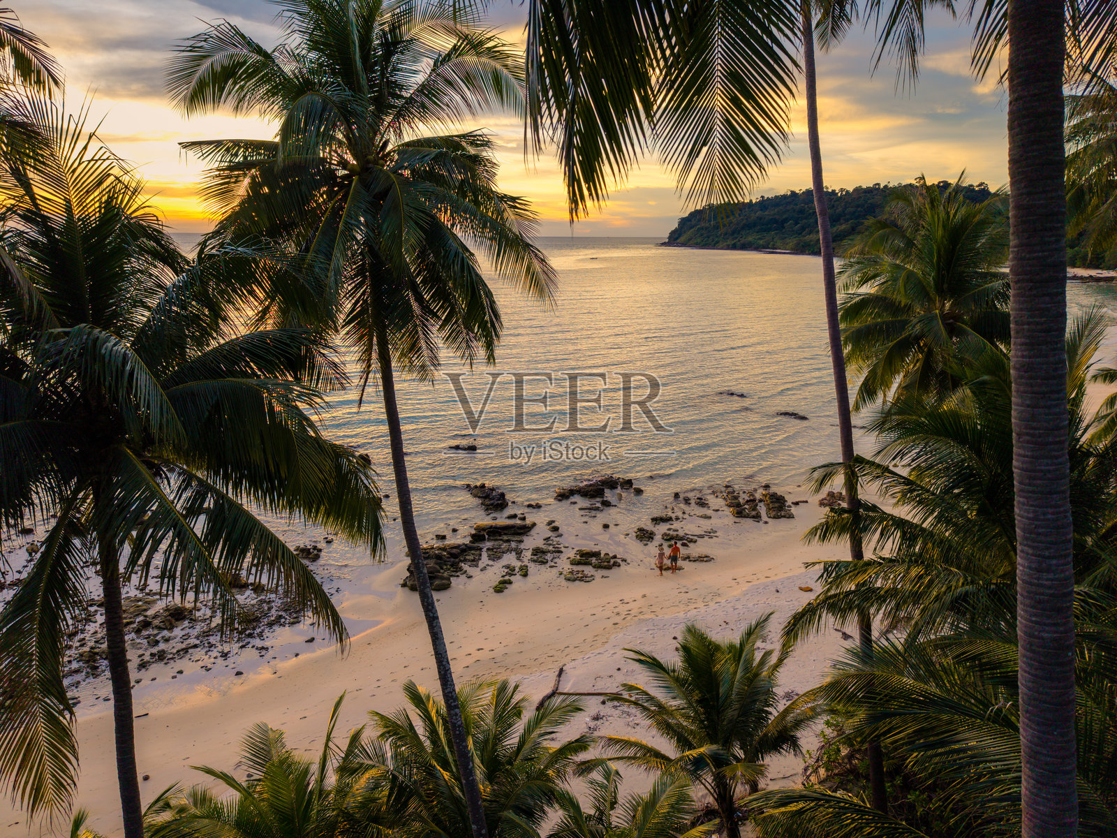 日落时分,沽岛宁静祥和,棕榈摇曳,海水安详照片摄影图片