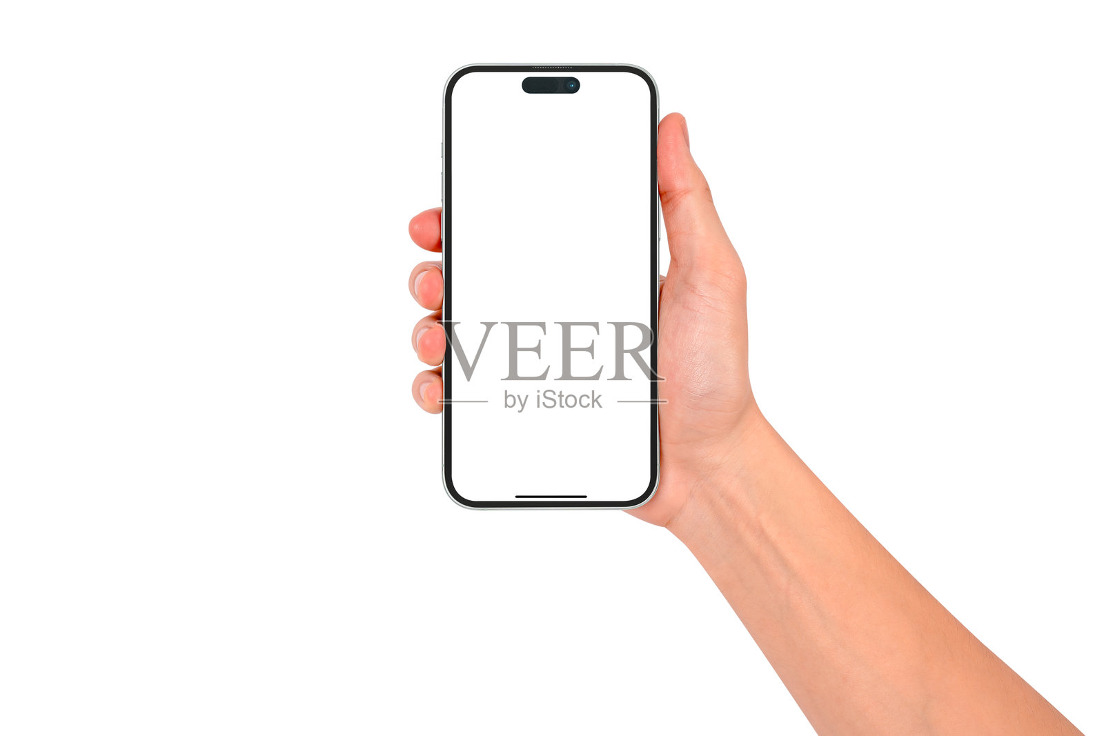 一只手展示着一部带有空白屏幕的现代高端智能手机,在白色背景上孤立。高质量的影棚拍摄。科技、商业、金融、广告、公共关系和生活方式主题的概念。照片摄影图片