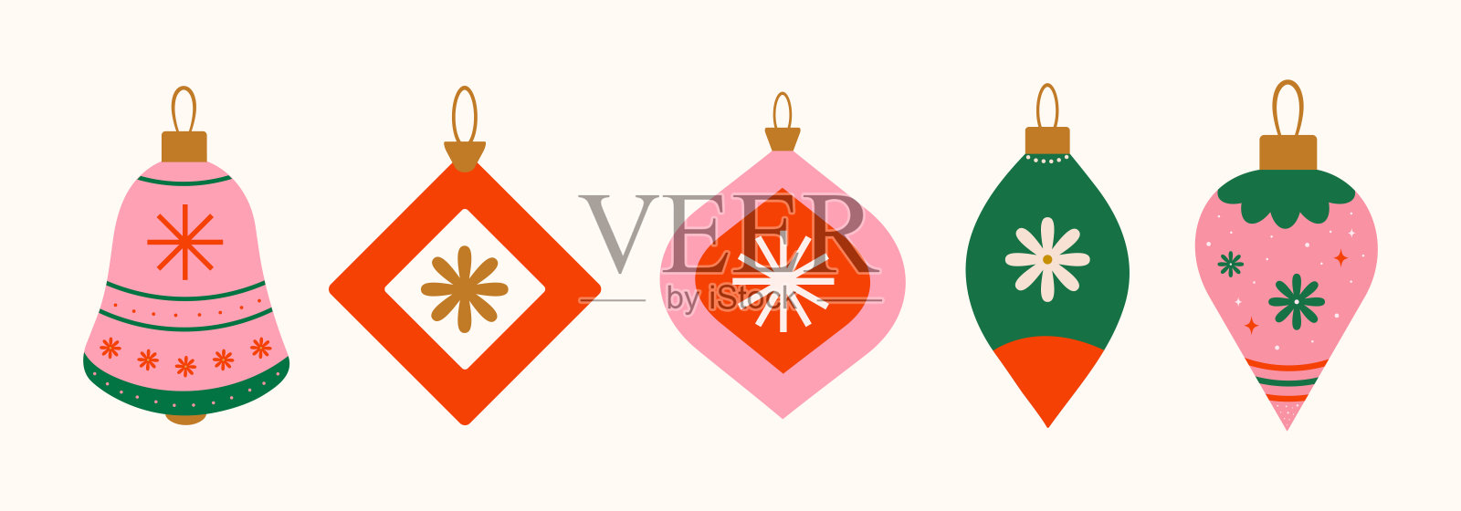 一套圣诞饰品,带有时尚的几何图案。适用于装饰、礼品、贺卡、海报的圣诞快乐背景。以扁平、简约、手绘风格呈现的圣诞球。孤立的矢量插图。插画图片素材