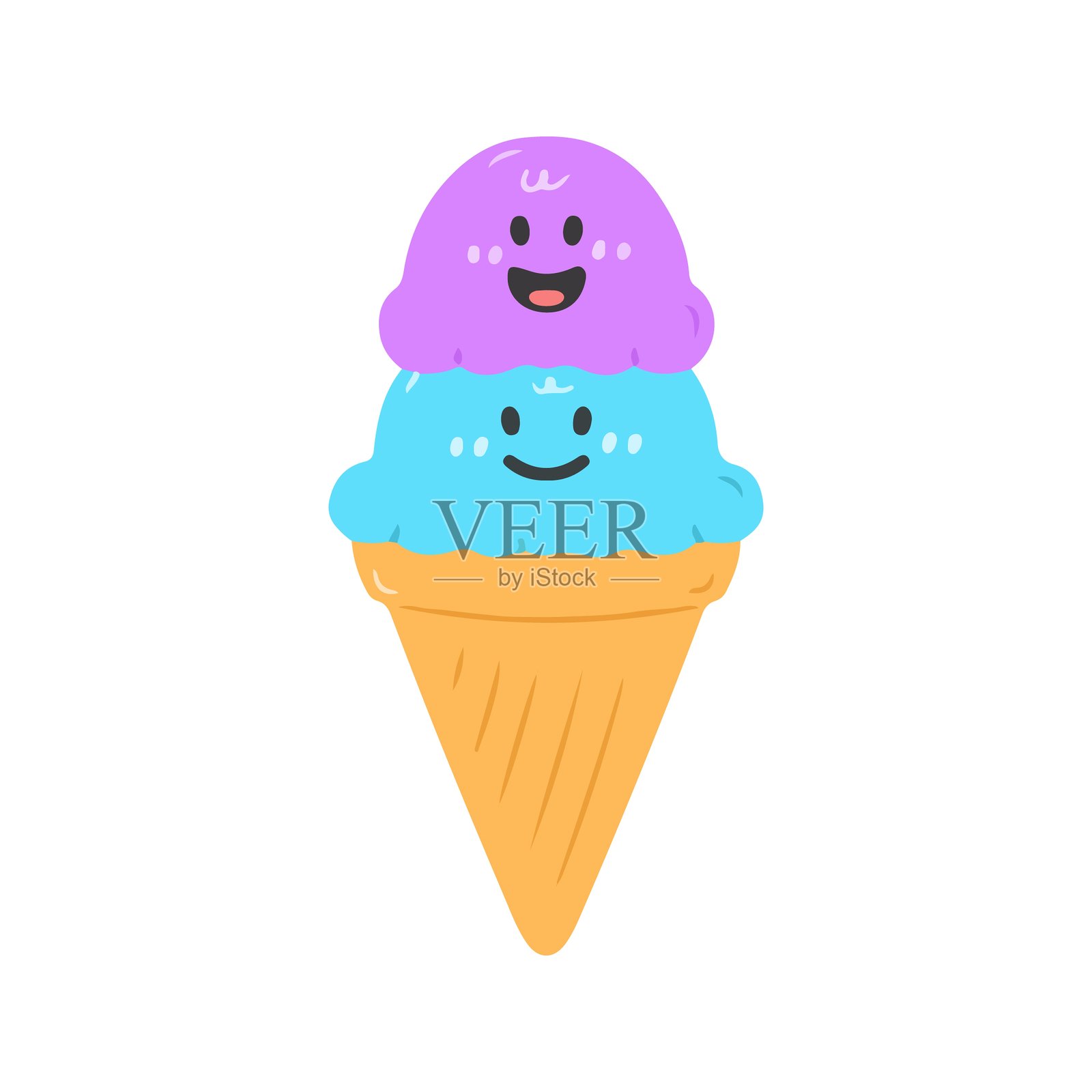 可爱的双球冰淇淋甜筒,带着笑脸插画图片素材
