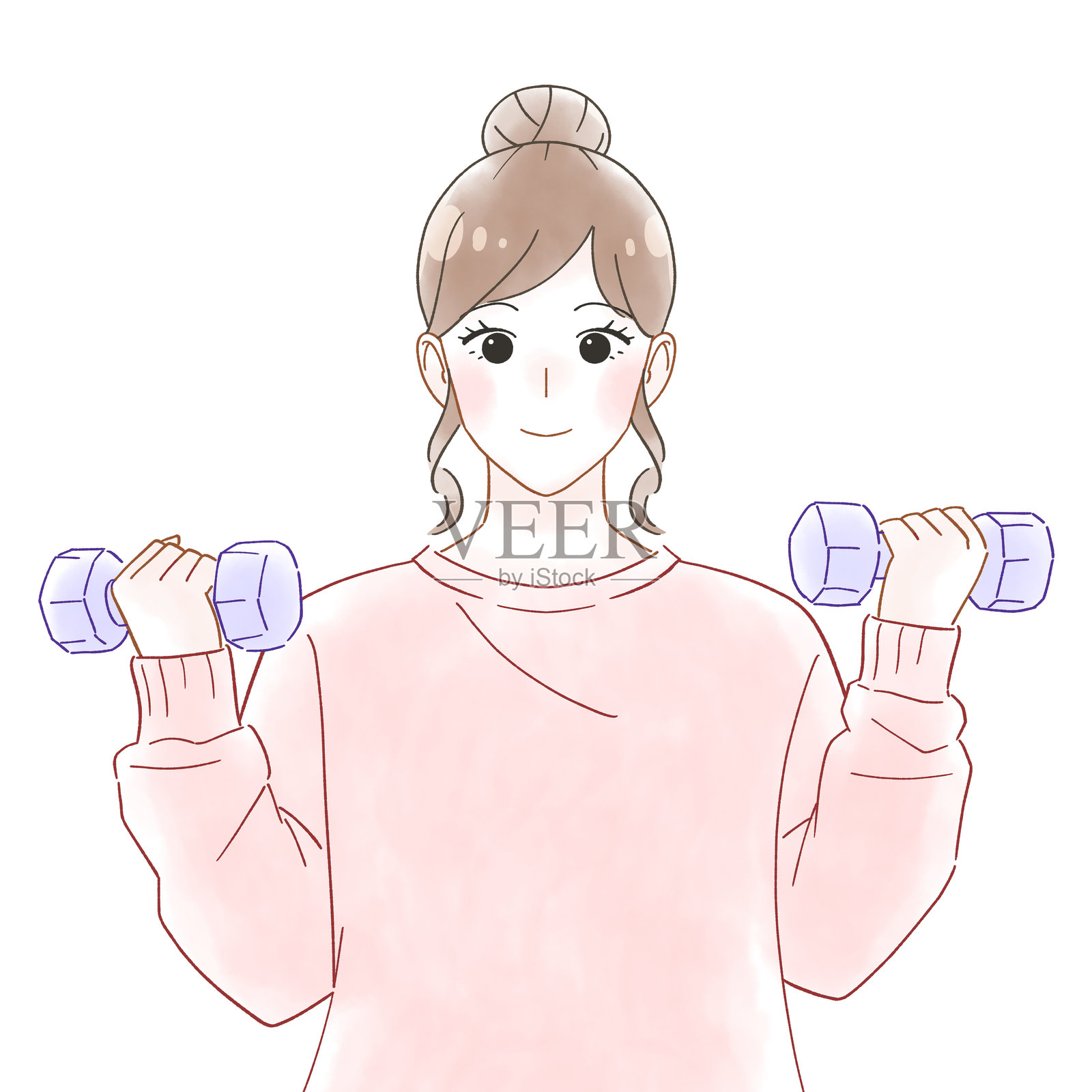 女子举哑铃,水彩风格插画插画图片素材
