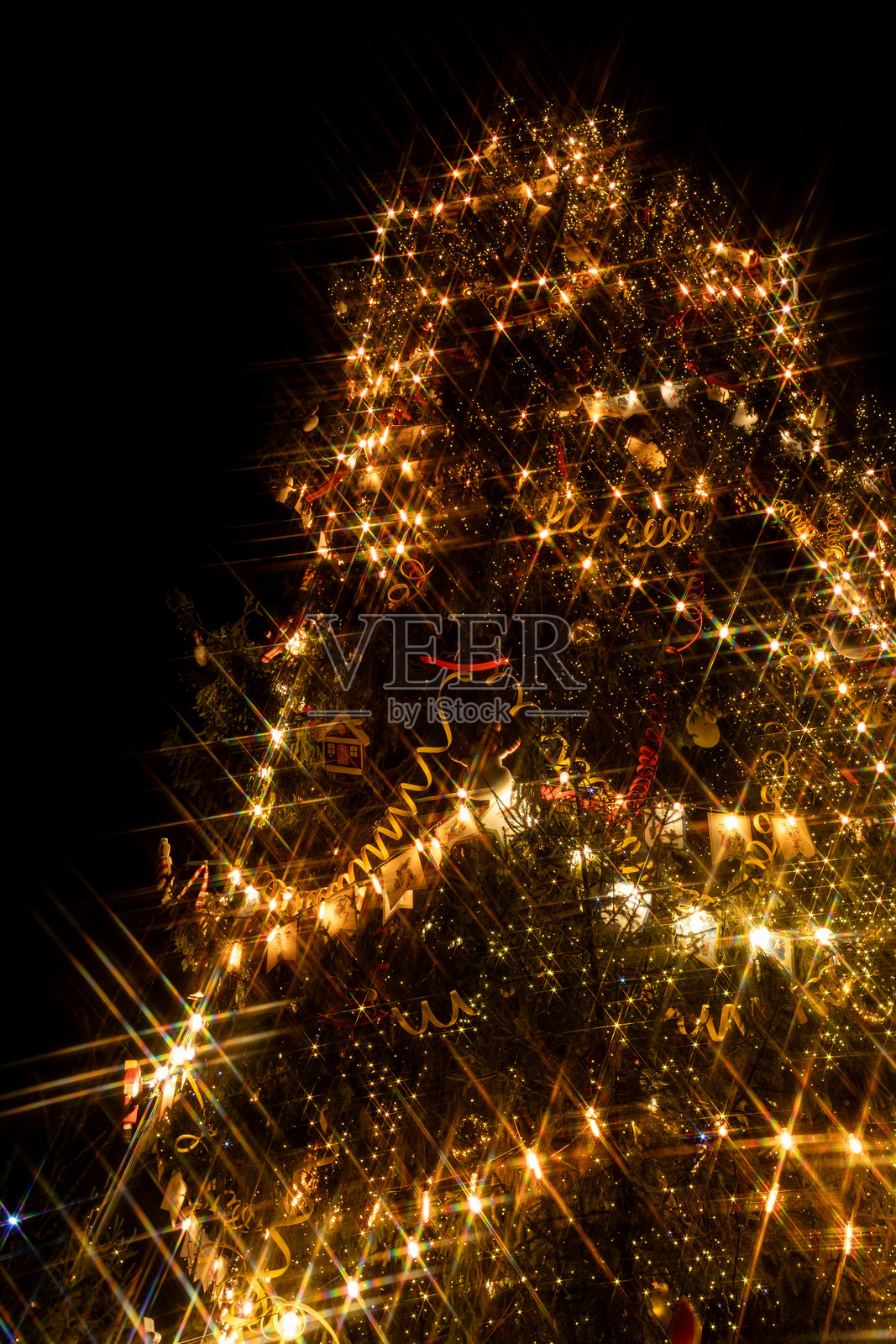 城镇广场上装饰着花环和顶部星星的大型圣诞树。照片摄影图片