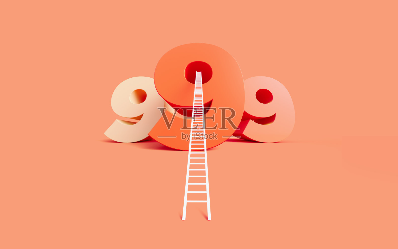 橙色背景上的彩色数字“9”和白色梯子照片摄影图片